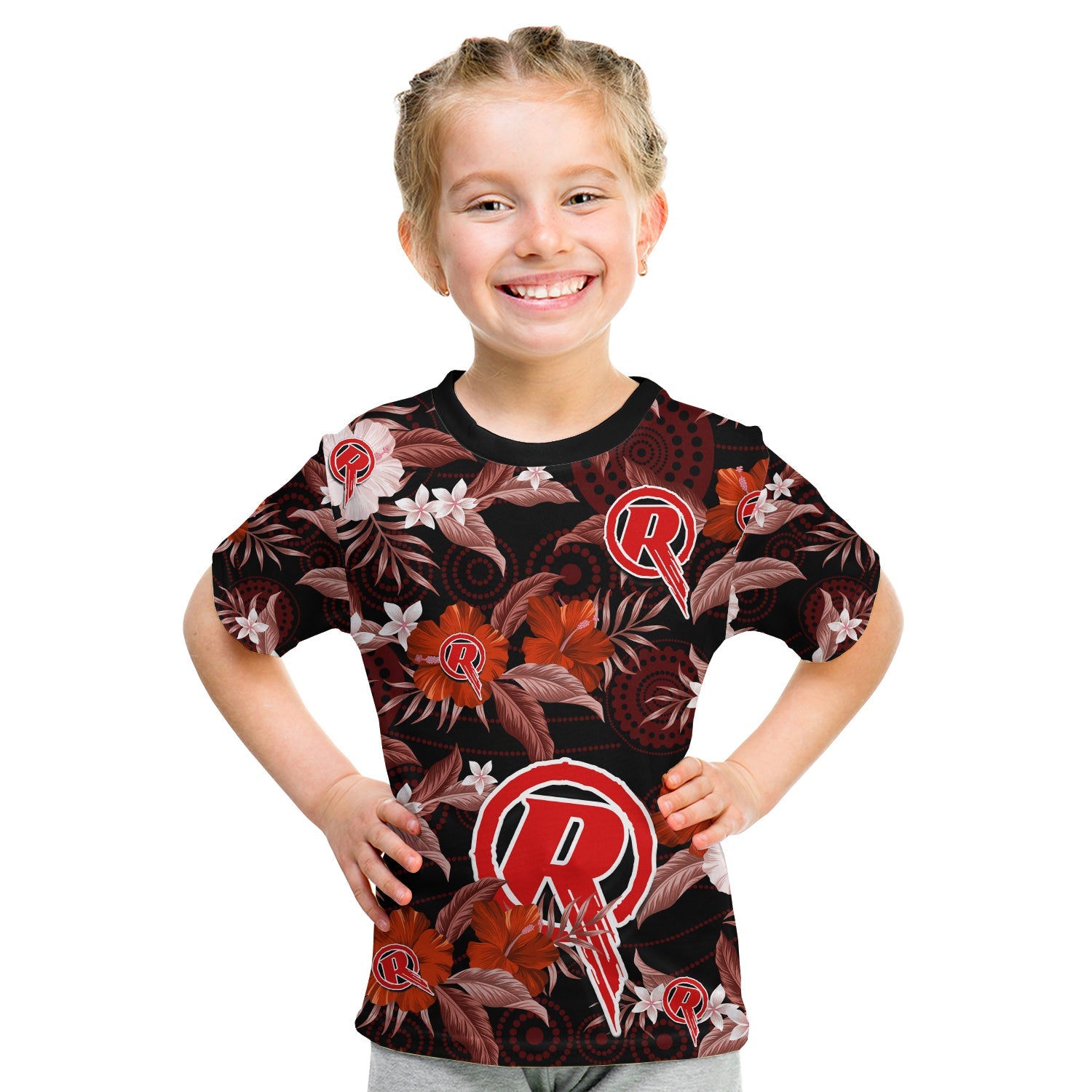 (Custom Text And Number) Melbourne Renegades Cricket T Shirt KID Aboriginal Art Mix Tropical Flowers - Vibe Hoodie Shop