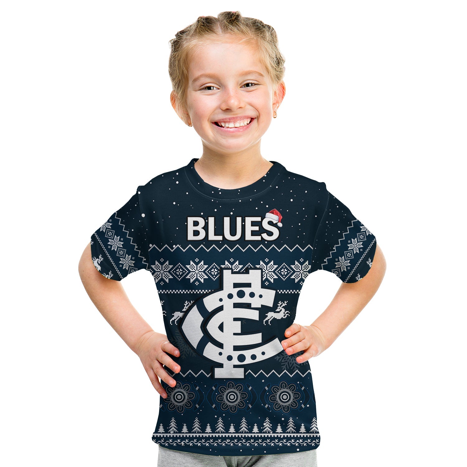 (Custom Personalised) Carlton Football T Shirt KID Blues Indigenous Merry Christmas - Vibe Hoodie Shop