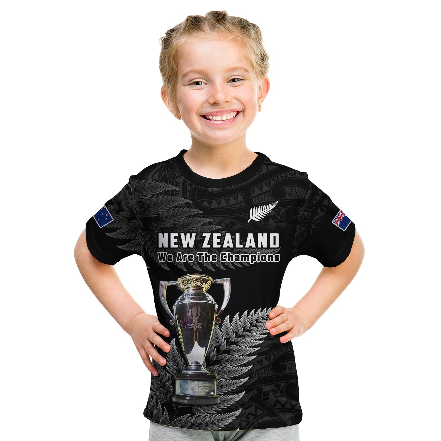 (Custom Personalised) New Zealand 2022 Rugby T Shirt KID Black Fern Proud Champions RWC - Vibe Hoodie Shop