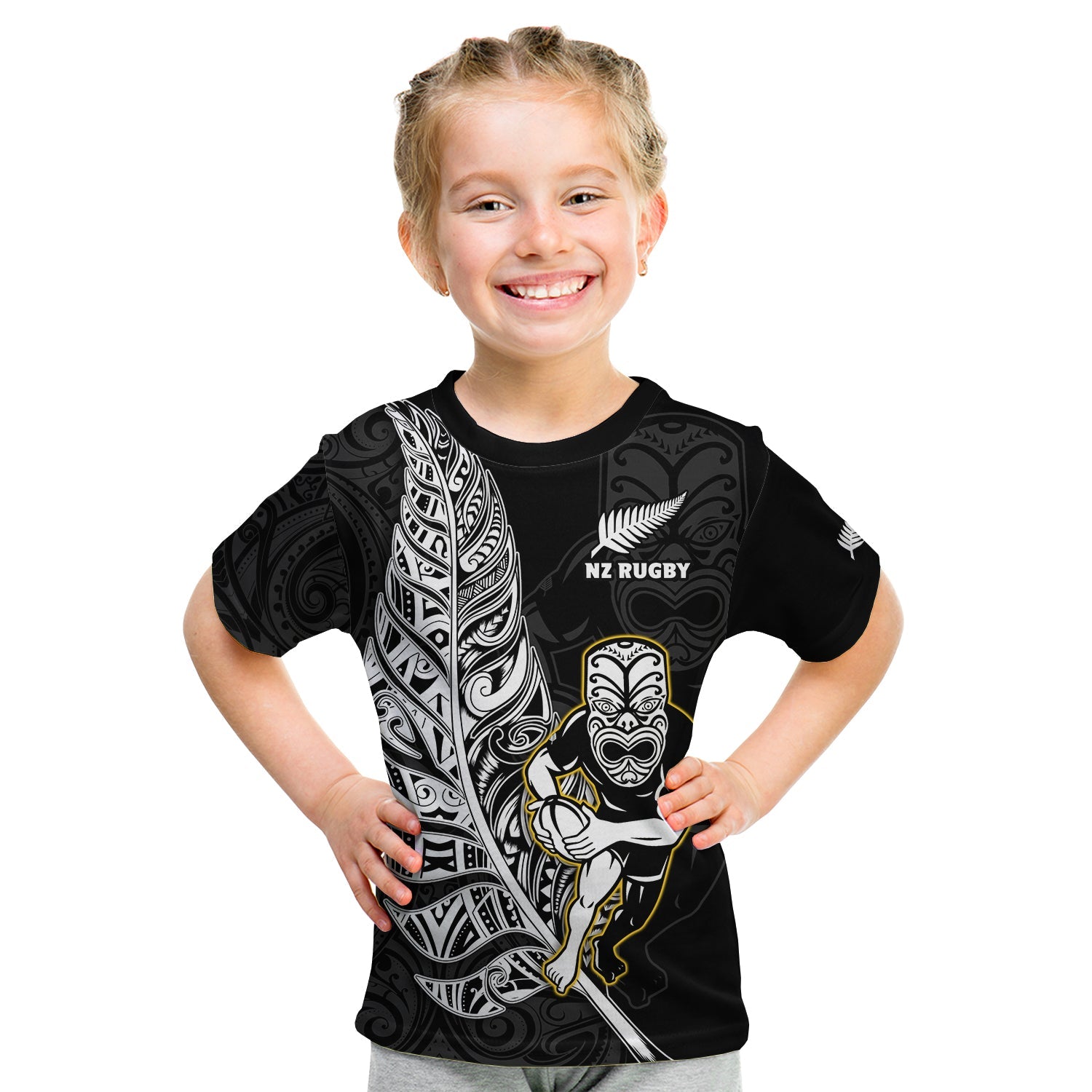 New Zealand Silver Fern Rugby T Shirt KID All Black Maori Version Black - Vibe Hoodie Shop