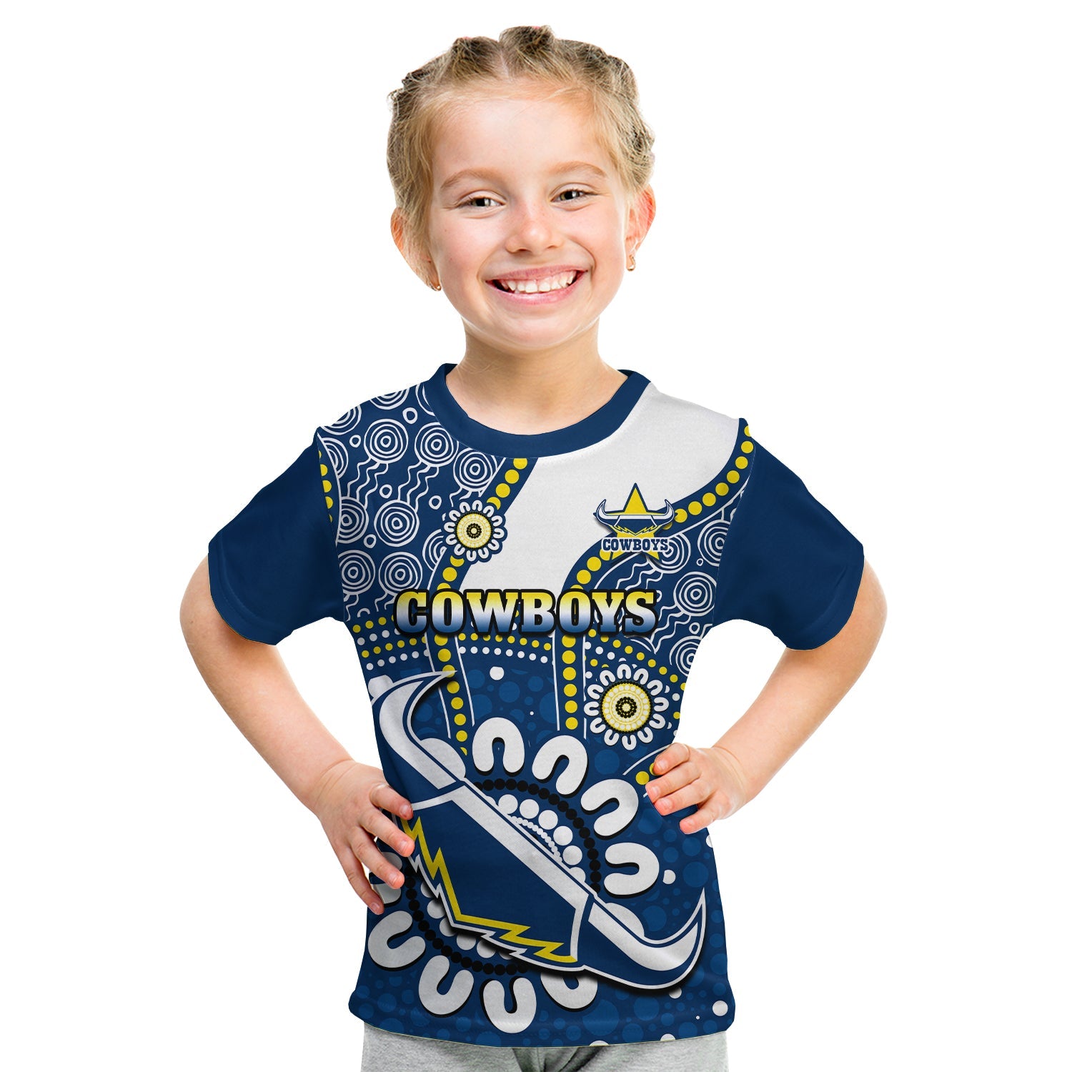 (Custom Text And Number) Cowboys Rugby T Shirt KID Indigenous Art - Vibe Hoodie Shop