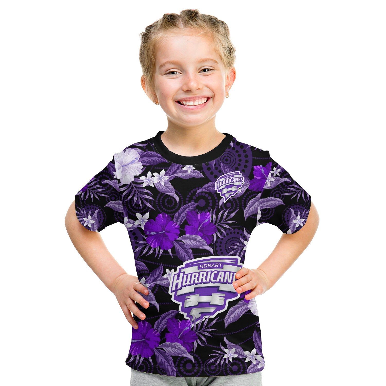 (Custom Text And Number) Hobart Hurricanes Cricket T Shirt KID Aboriginal Art Mix Tropical Flowers - Vibe Hoodie Shop