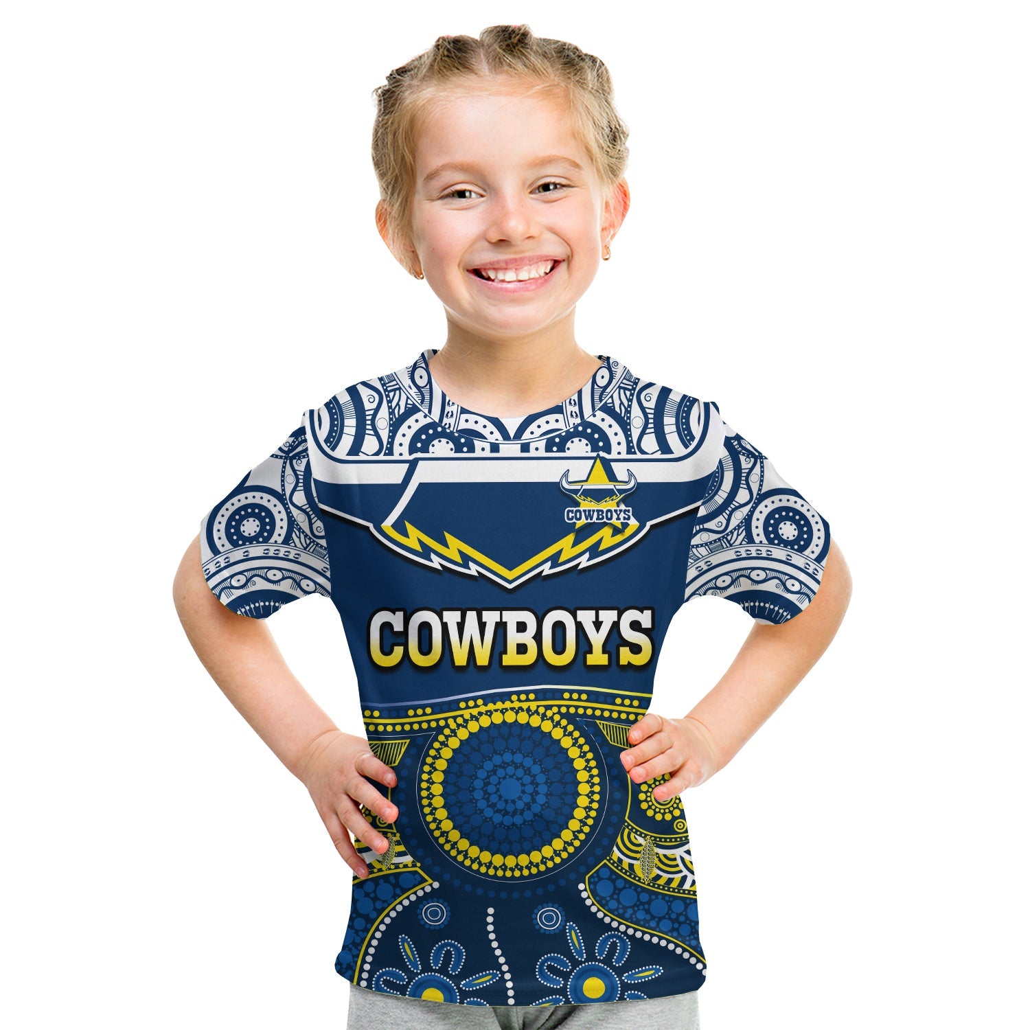 (Custom Text And Number) Cowboys Rugby T Shirt KID Aboriginal Art - Vibe Hoodie Shop