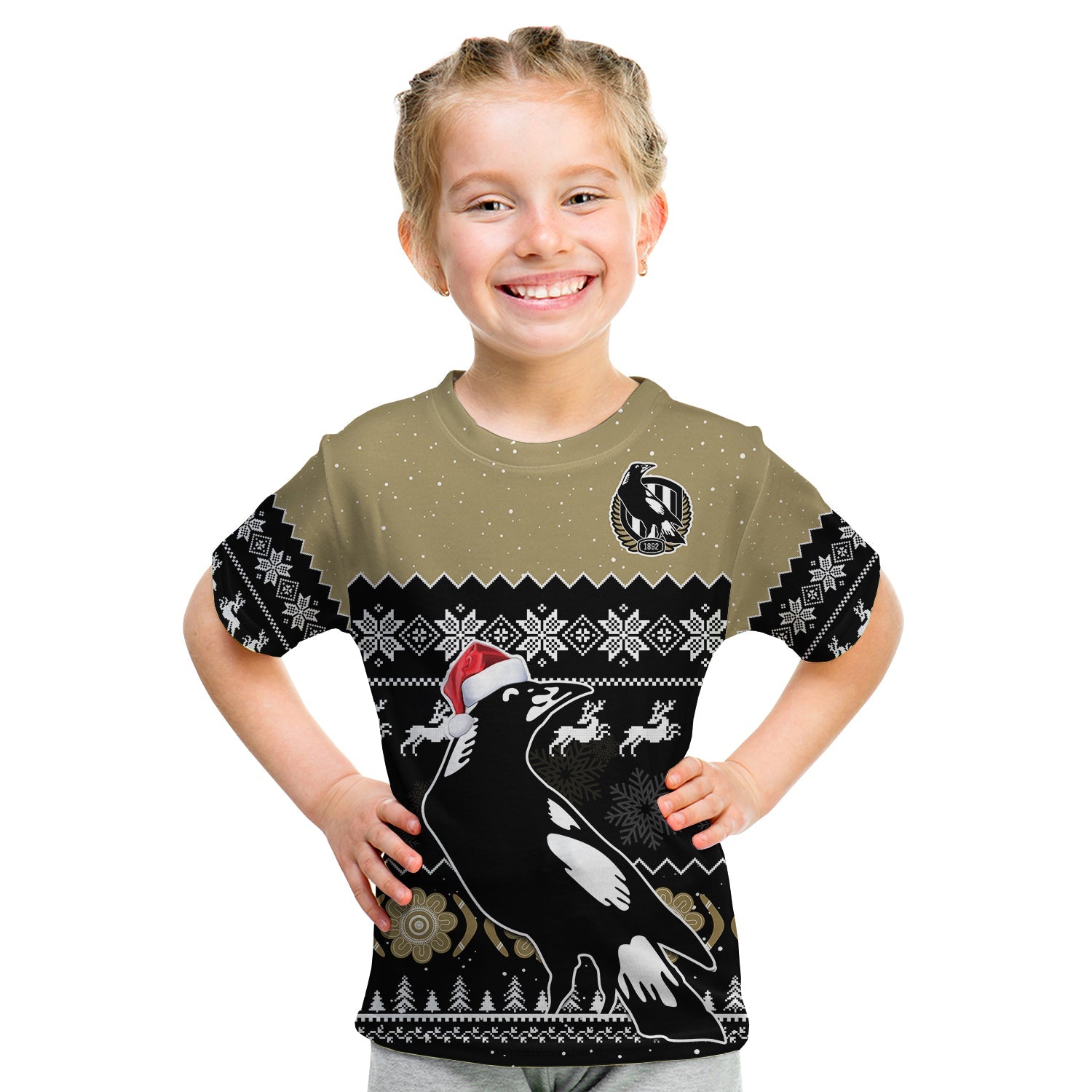 (Custom Personalised) Collingwood Football T Shirt KID Magpies Indigenous Merry Christmas - Vibe Hoodie Shop