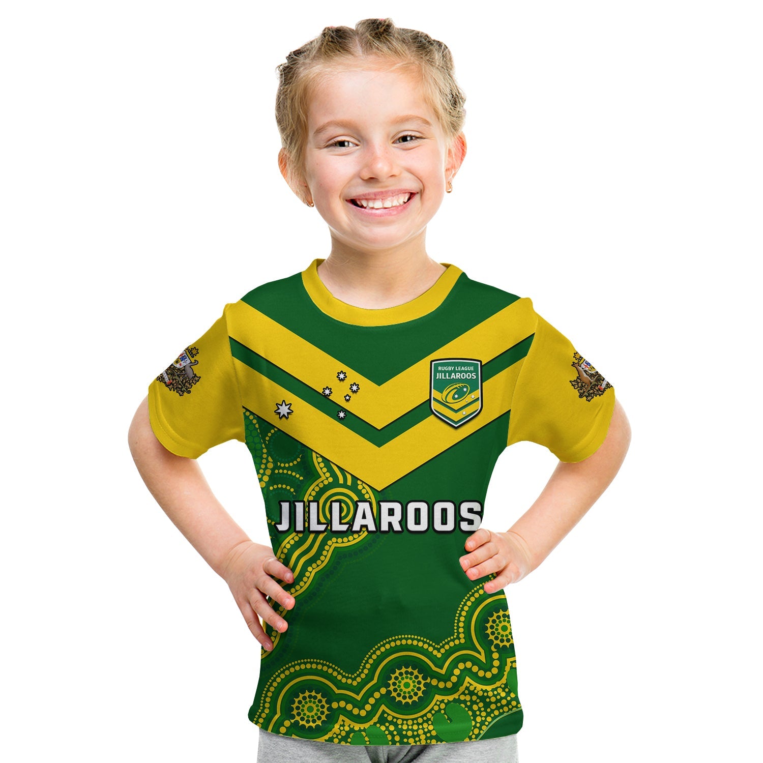 (Custom Text And Number) Australia Rugby T Shirt KID Jillaroos Champions Indigenous Green Style - Vibe Hoodie Shop