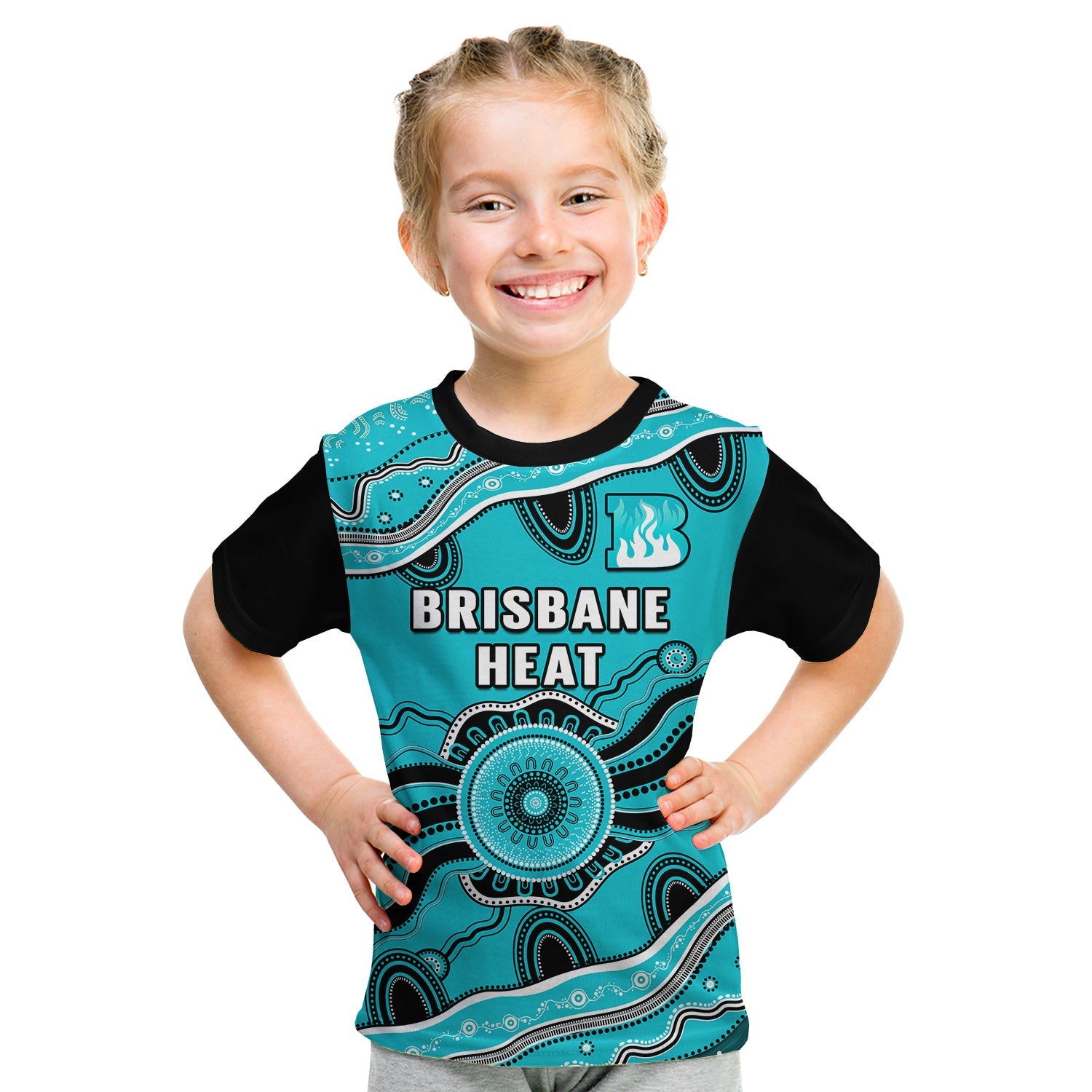 (Custom Text And Number) Brisbane Heat Cricket T Shirt KID Aboriginal Painting - Vibe Hoodie Shop