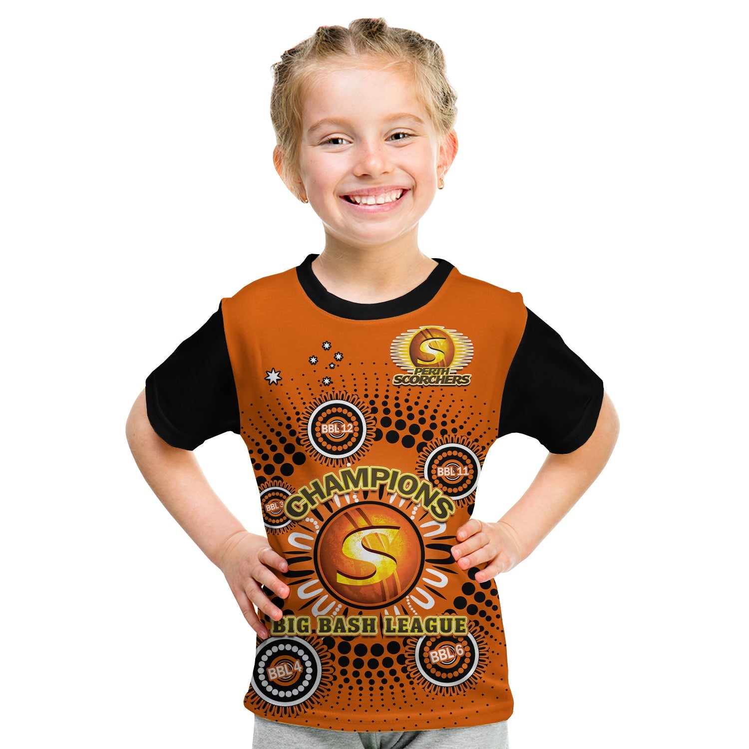 (Custom Text And Number) Perth Scorchers Cricket T Shirt KID Indigenous 5th Champions BBL Proud - Vibe Hoodie Shop