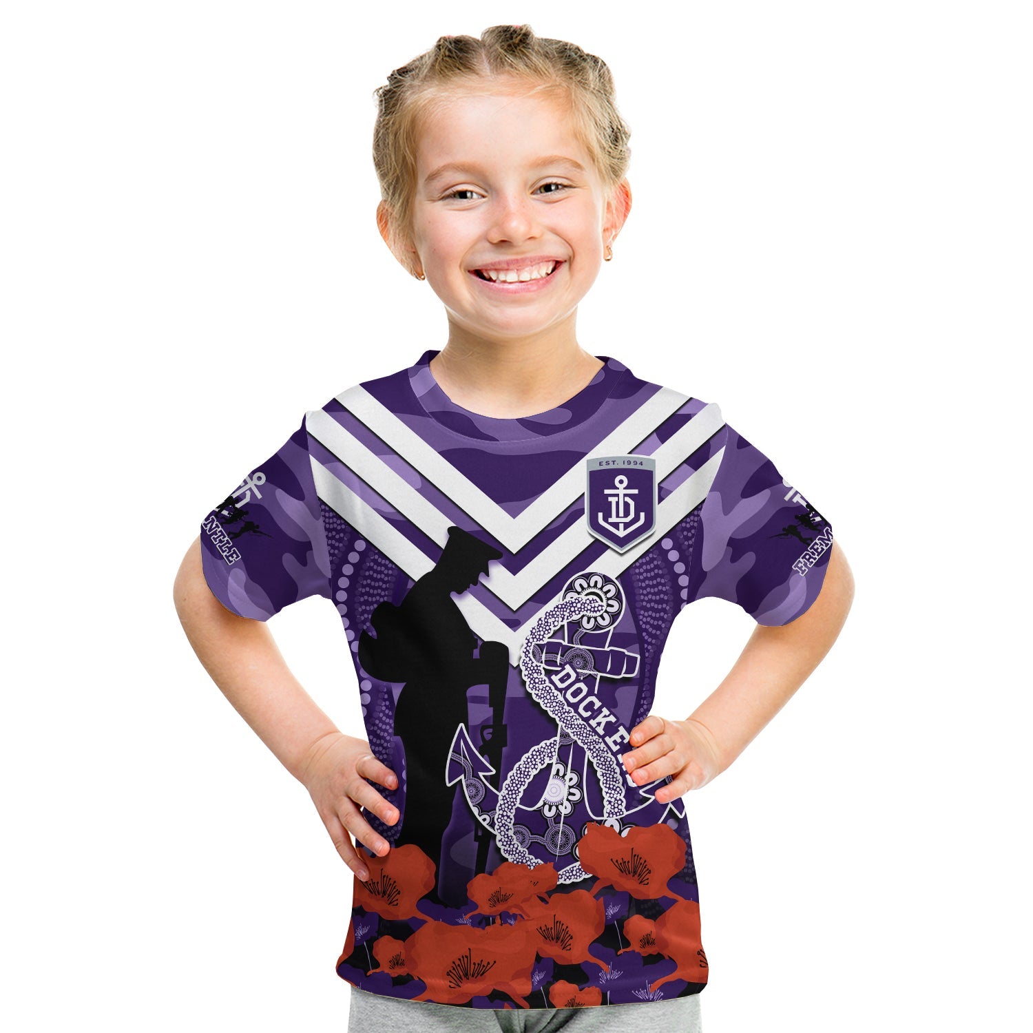 (Custom Text And Number) Dockers Football ANZAC 2023 T Shirt KID Aboriginal Mix Poppy Camouflage - Vibe Hoodie Shop