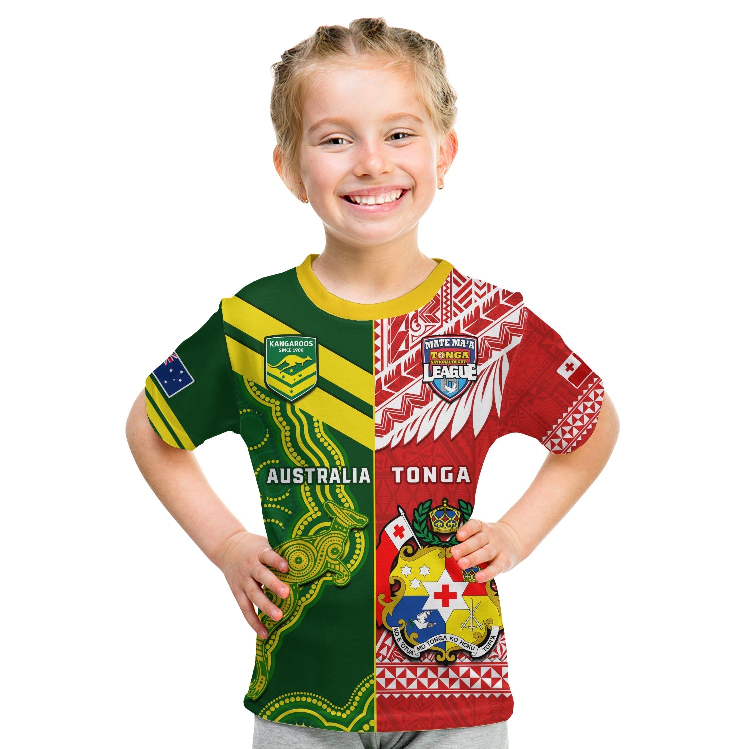 (Custom Personalised) Tonga And Australia Rugby T Shirt KID Mate Maa Tonga Mix Kangaroos - Vibe Hoodie Shop