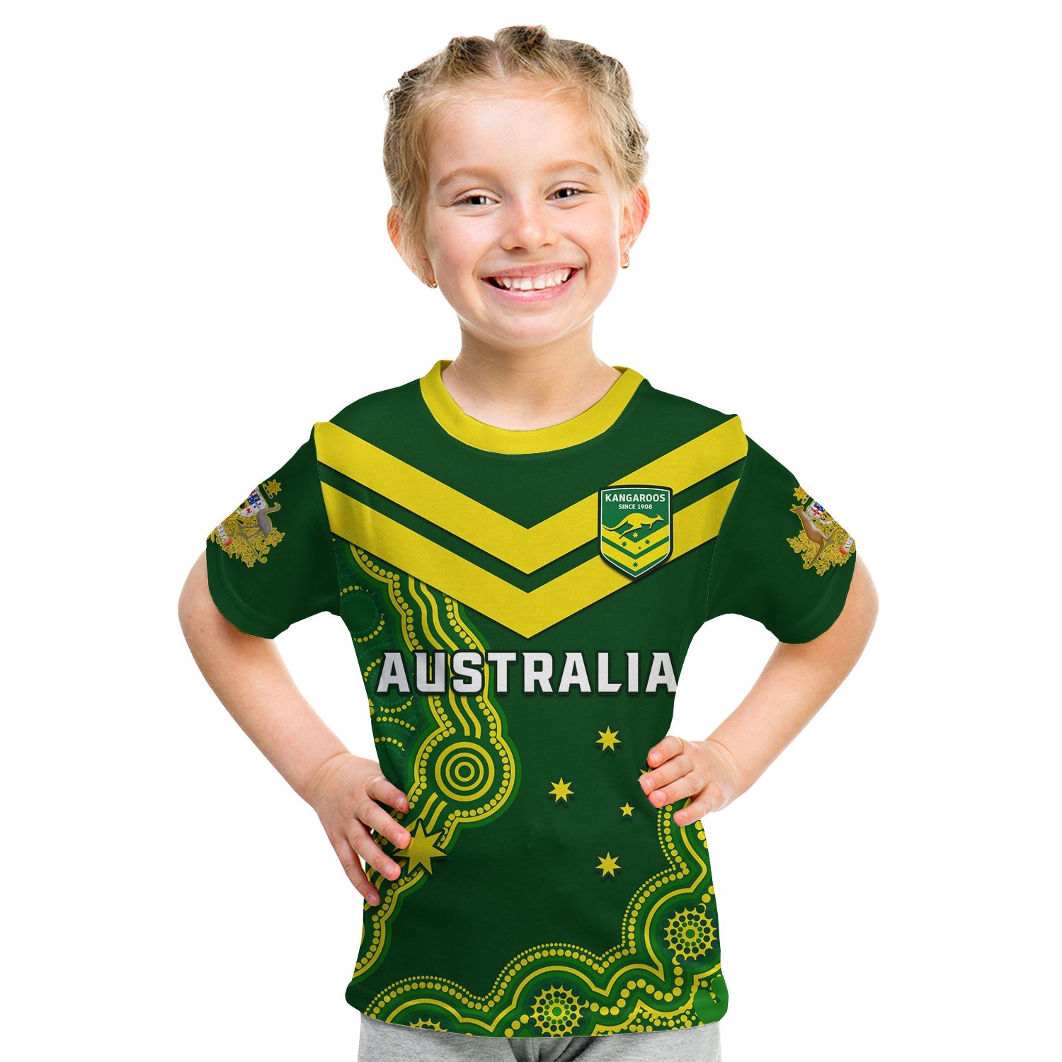 (Custom Text And Number) Australia Rugby T Shirt KID The Kangaroos Champions Pacific Indigenous - Vibe Hoodie Shop