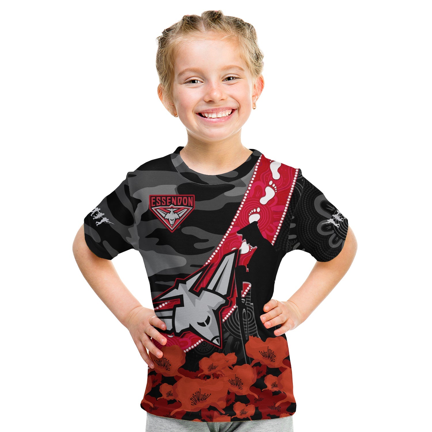 (Custom Text And Number) Essendon Football ANZAC 2023 T Shirt KID Bombers Aboriginal Mix Poppy Camouflage - Vibe Hoodie Shop