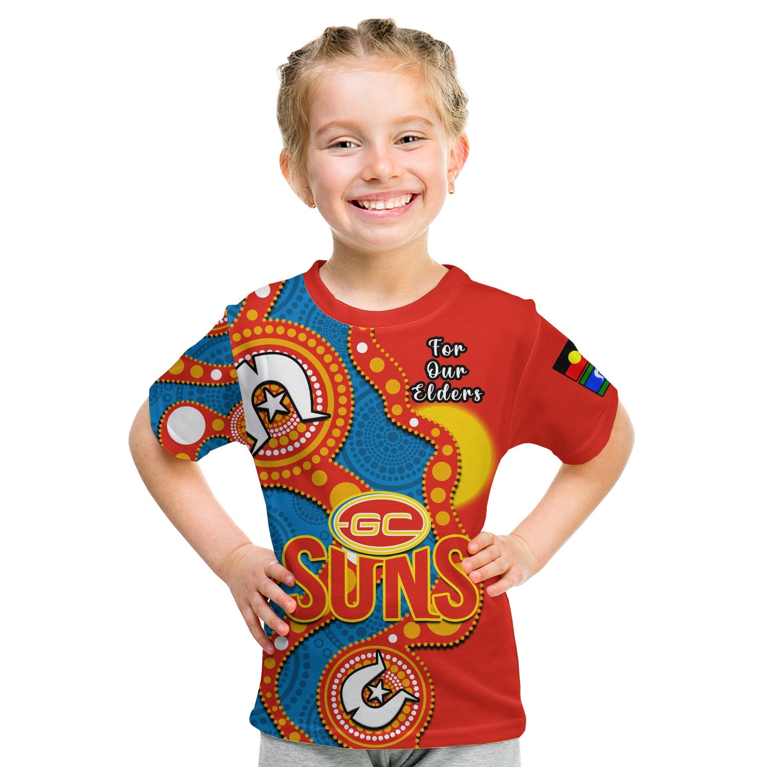 (Custom Text And Number) Gold Coast Football NAIDOC 2023 T Shirt KID Suns Indigenous For Our Elders - Vibe Hoodie Shop