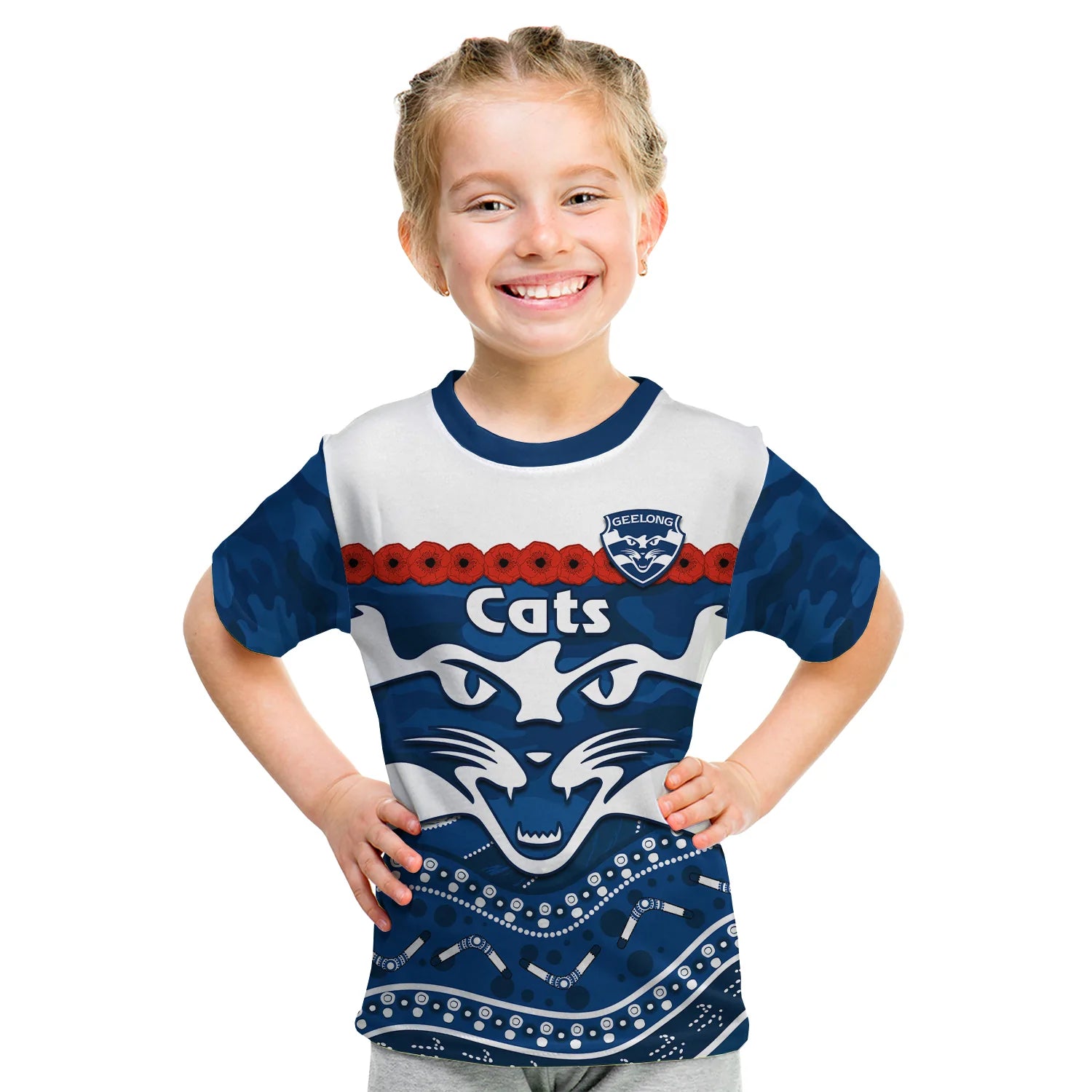 (Custom Text And Number) Cats Football ANZAC T Shirt KID Geelong Camouflage Poppy Mix Aboriginal - Vibe Hoodie Shop