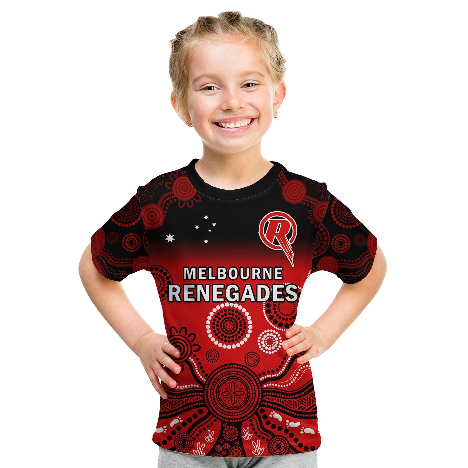 (Custom Text And Number) Renegades Cricket T Shirt KID Melbourne Gradient Aboriginal Art - Vibe Hoodie Shop