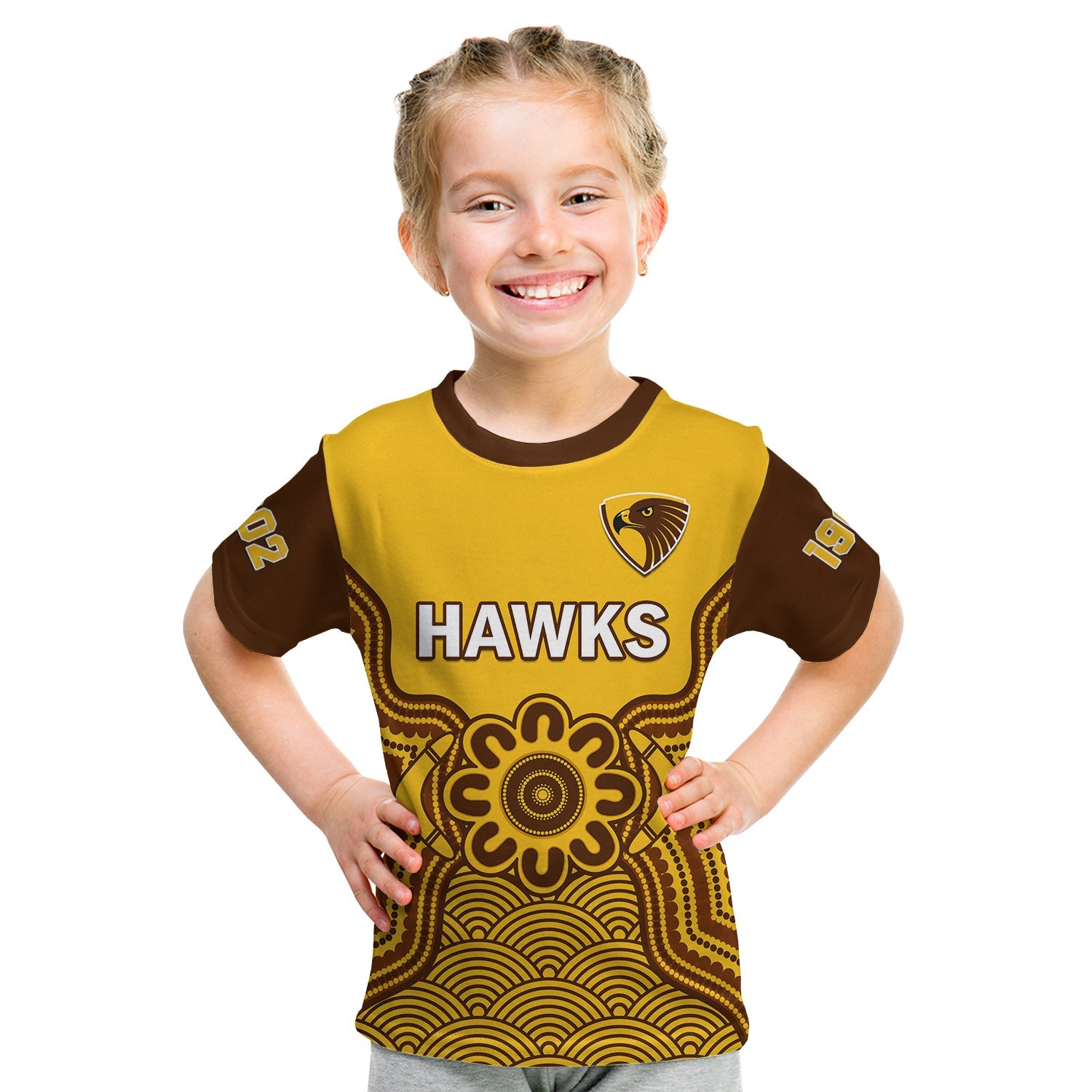 (Custom Text And Number) Hawthorn Football T Shirt KID Go Hawks 1902 Aboriginal Art - Vibe Hoodie Shop