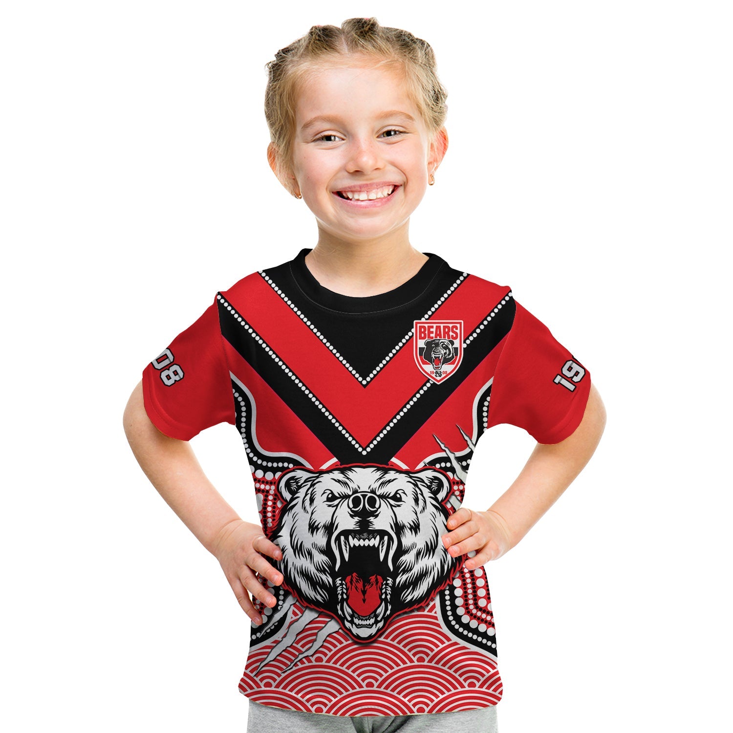 (Custom Text And Number) North Sydney Rugby T Shirt KID Bears 1908 Indigenous Pattern - Vibe Hoodie Shop