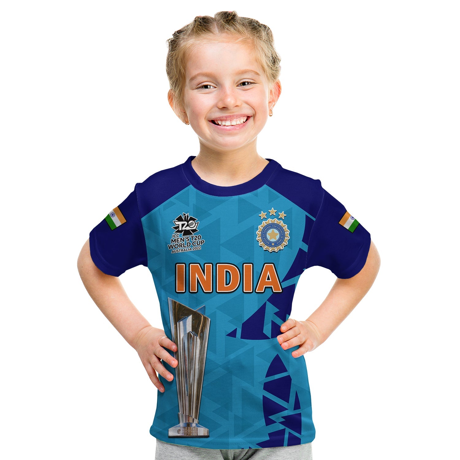 (Custom Text And Number) India Cricket T Shirt KID Men In Blue Champions Mens T20 WC 2022 - Vibe Hoodie Shop