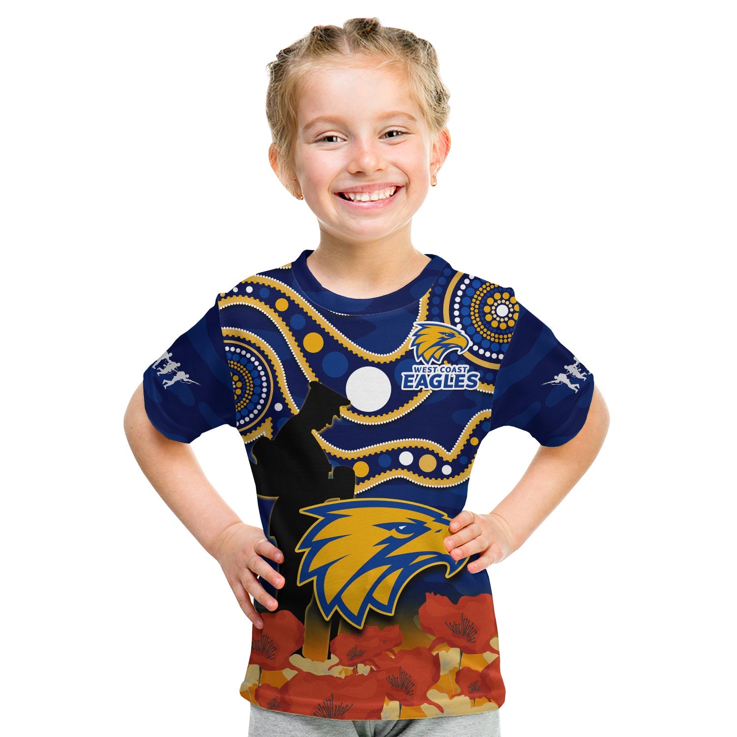 (Custom Text And Number) Eagles Football ANZAC 2023 T Shirt KID West Coast Indigenous Mix Poppy Camouflage - Vibe Hoodie Shop