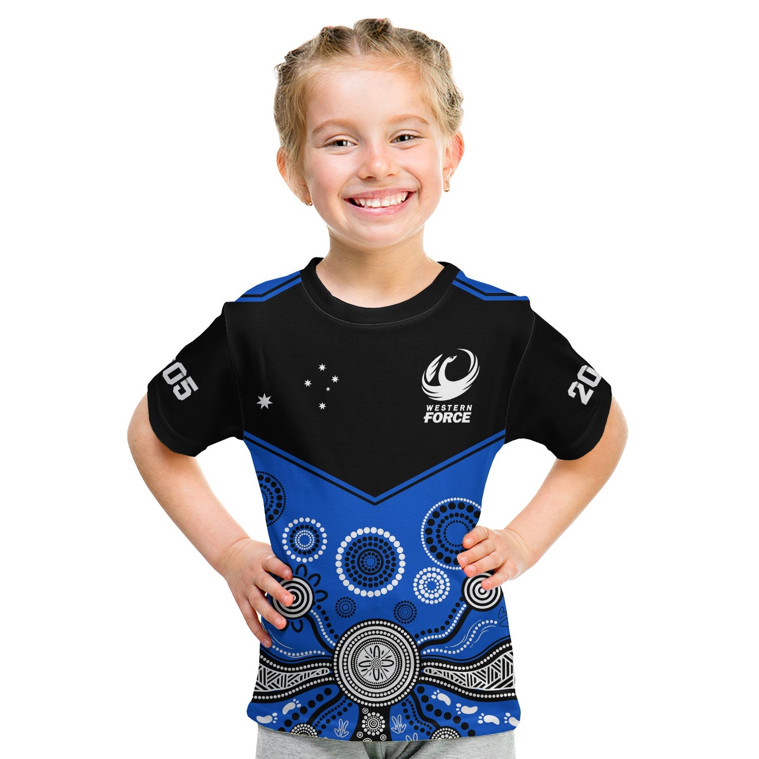 (Custom Text And Number) Western Force Super Rugby 2023 T Shirt KID Est 2005 Indigenous Art - Vibe Hoodie Shop