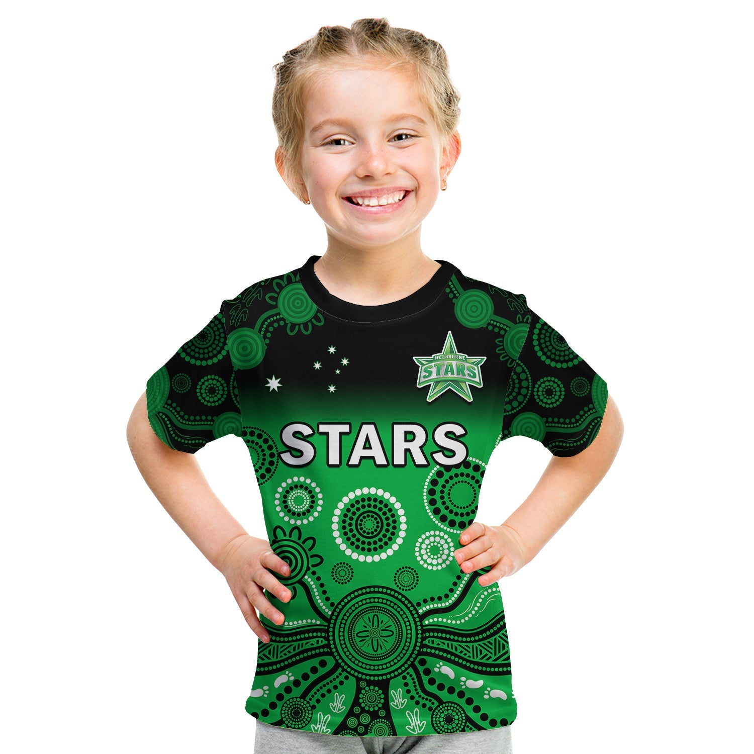 Stars Cricket T Shirt KID Melbourne Team Green Gradient Aboriginal Art - Vibe Hoodie Shop