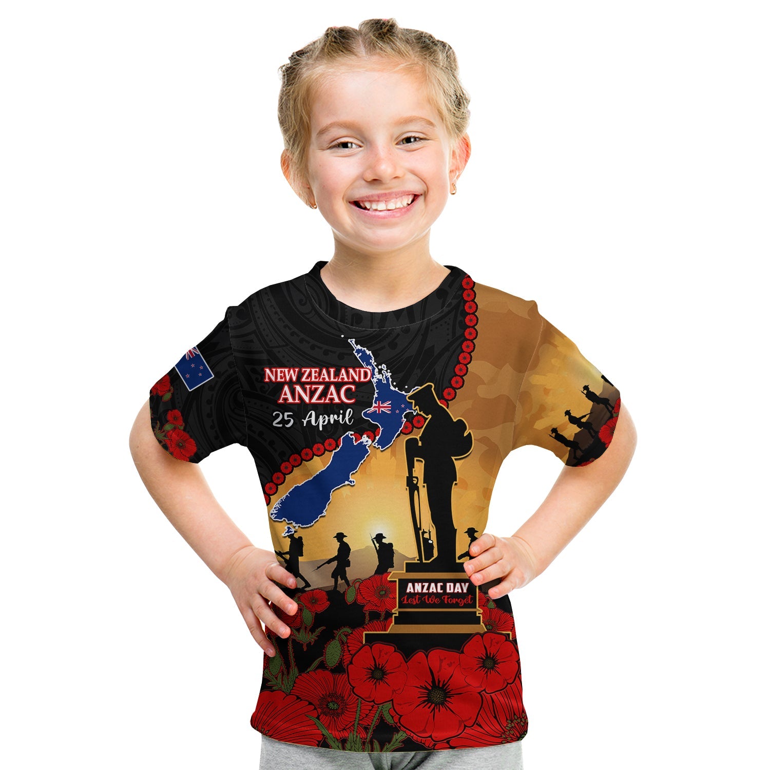 (Custom Personalised) New Zealand Anzac T Shirt KID Maori Camouflage Mix Poppies We Will Remember Them - Vibe Hoodie Shop