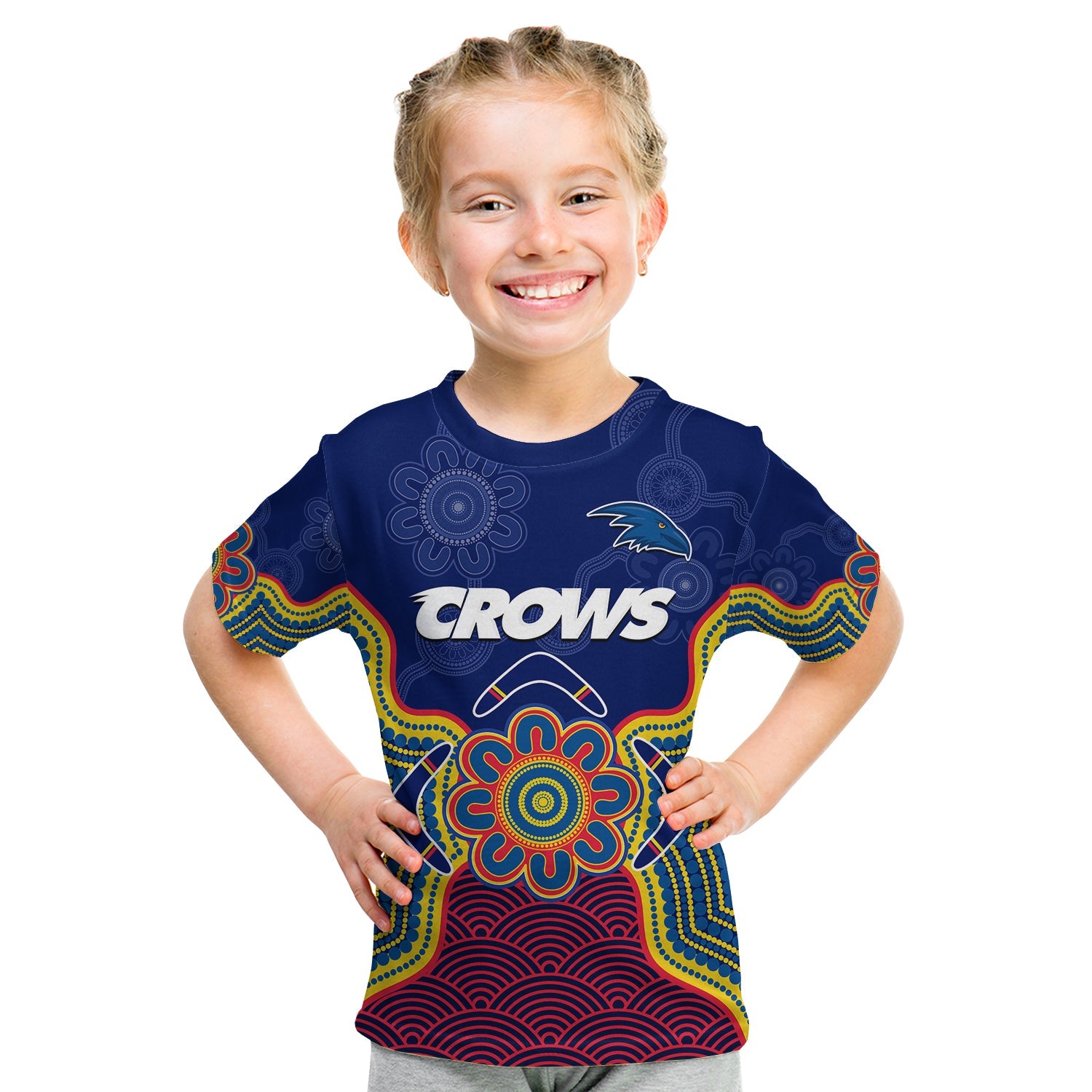 (Custom Text And Number) Adelaide Football T Shirt KID Crows Aboriginal Art - Vibe Hoodie Shop