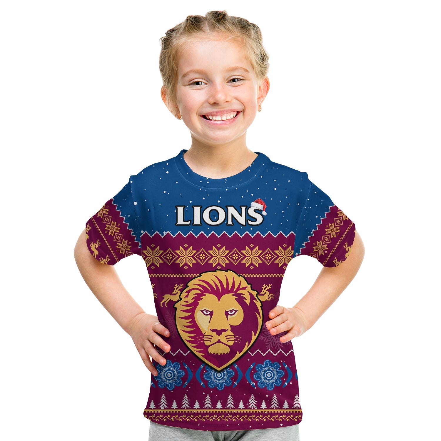 (Custom Personalised) Brisbane Football T Shirt KID Lions Indigenous Merry Christmas - Vibe Hoodie Shop