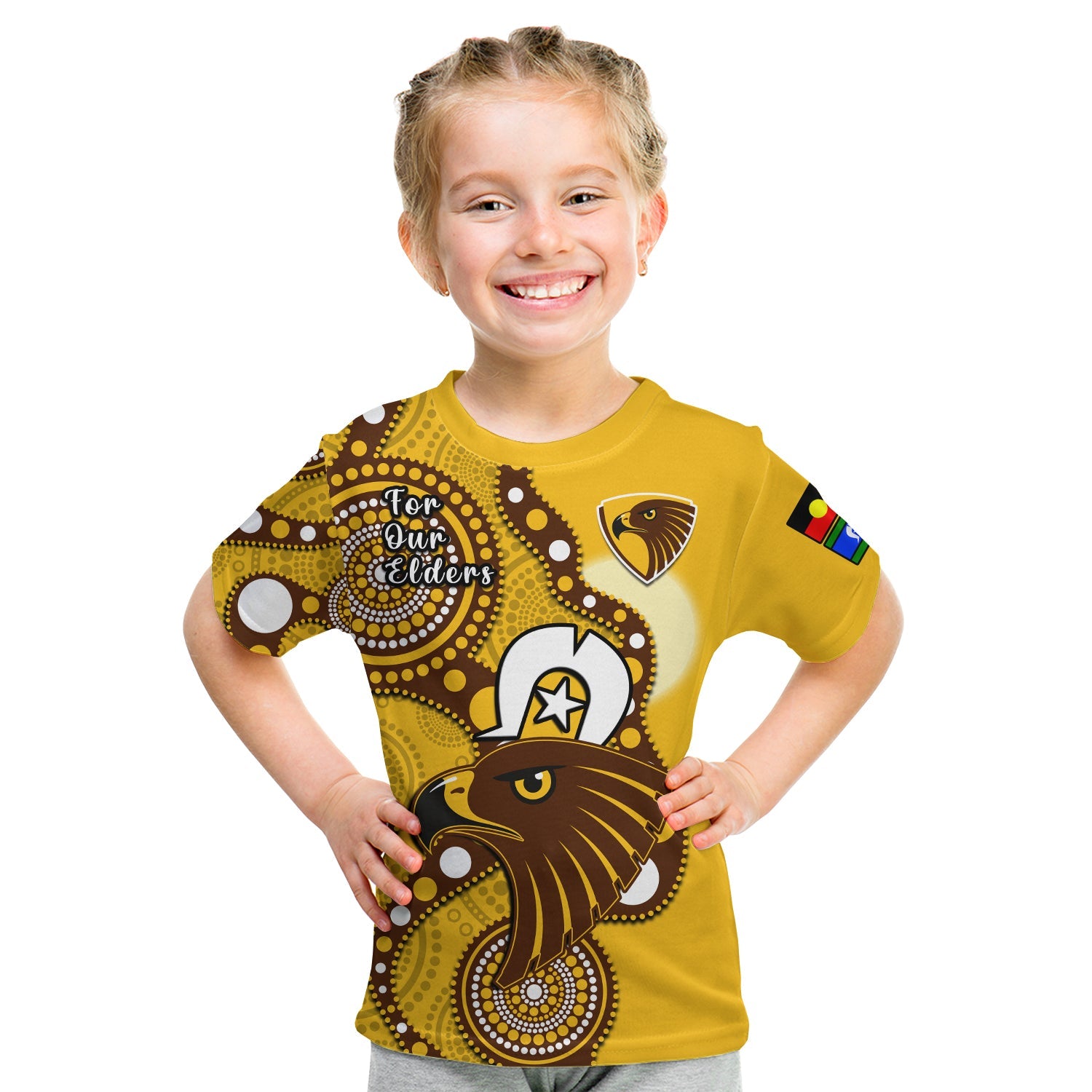 (Custom Text And Number) Hawthorn Football NAIDOC 2023 T Shirt KID Hawks For Our Elders Indigenous - Vibe Hoodie Shop