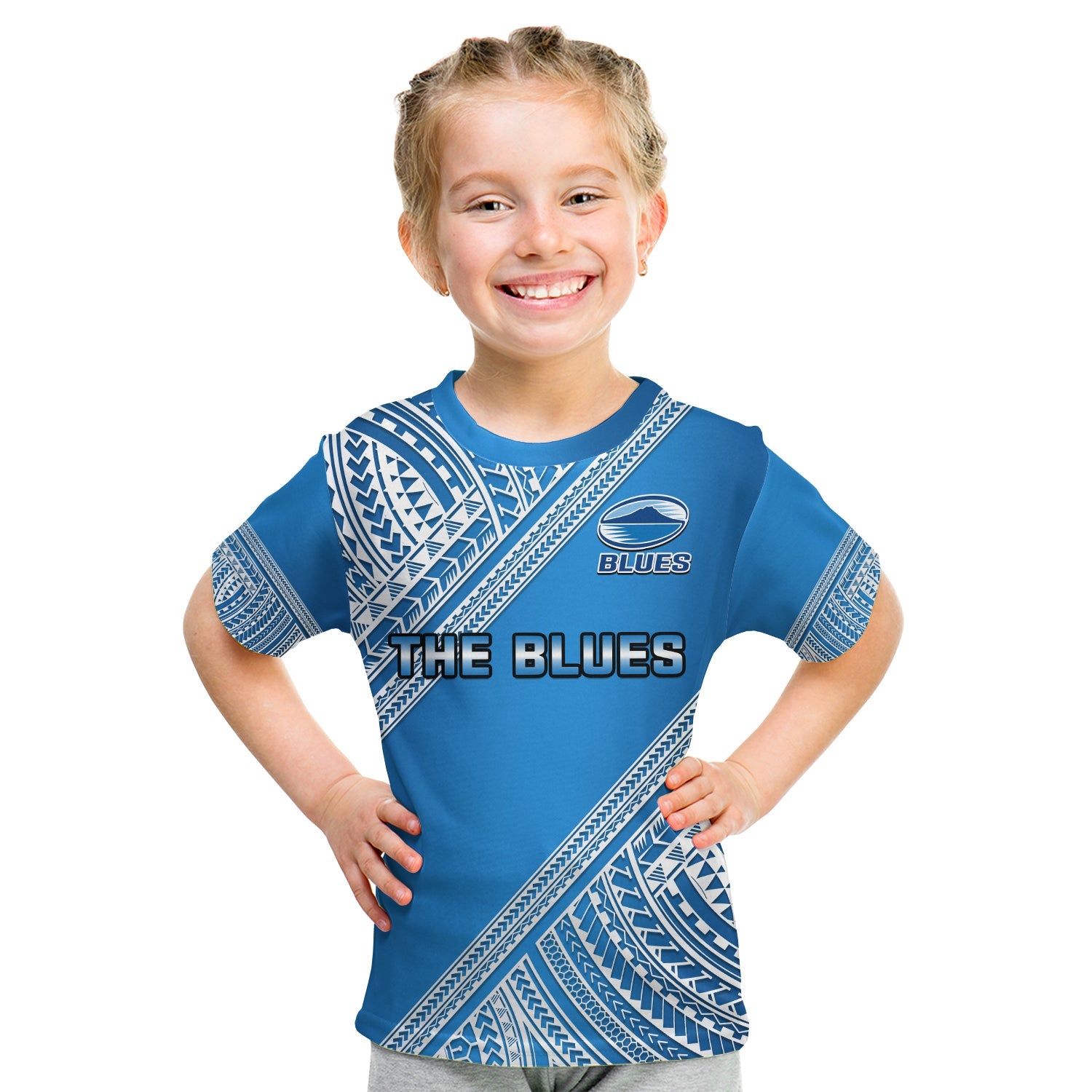 (Custom Text And Number) Blues Rugby T Shirt KID Aotearoa Super Auckland Polynesian Pattern - Vibe Hoodie Shop