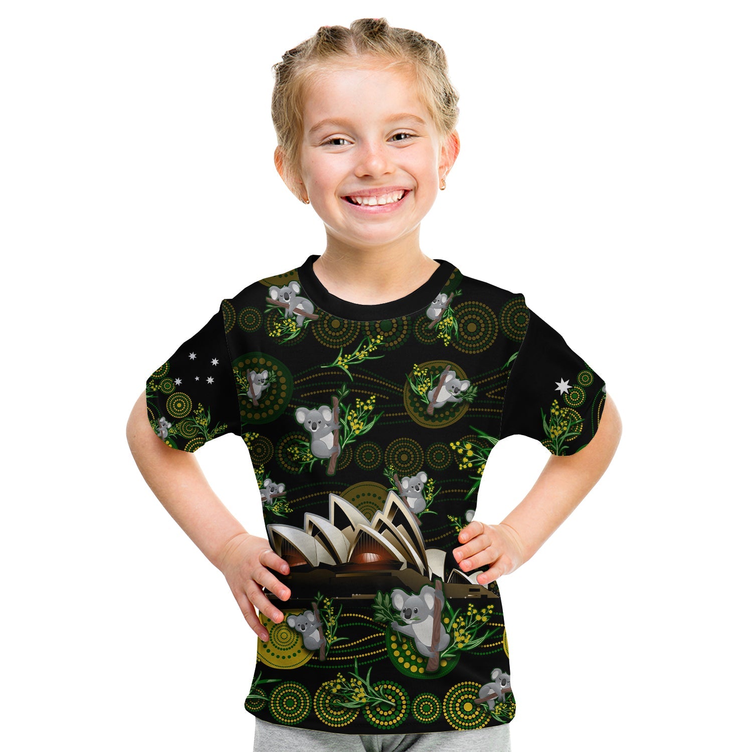 (Custom Personalised) Australia T Shirt KID Aboriginal Golden Wattle Mix Koala and Sydney Opera House - Vibe Hoodie Shop