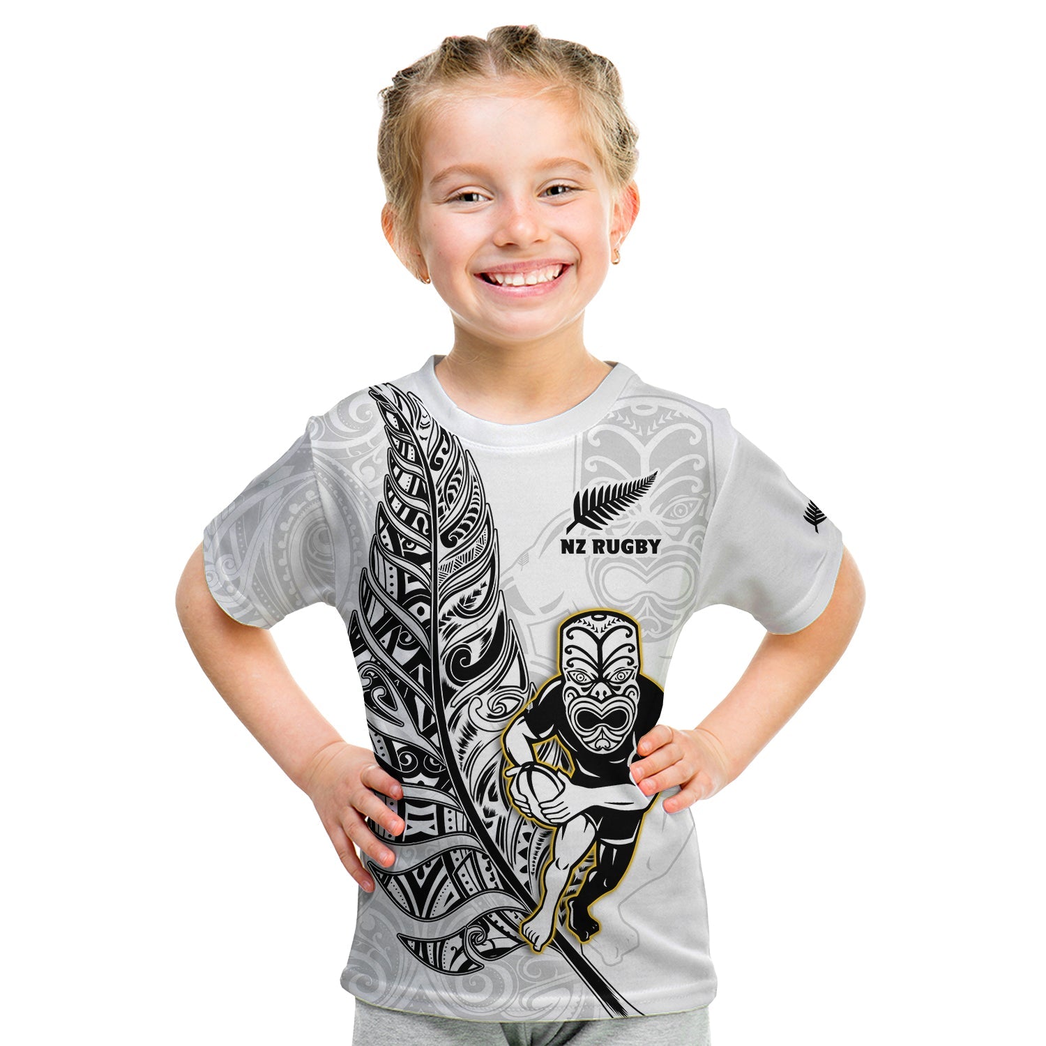 (Custom Text And Number) New Zealand Silver Fern Rugby T Shirt KID All Black Maori Version White - Vibe Hoodie Shop