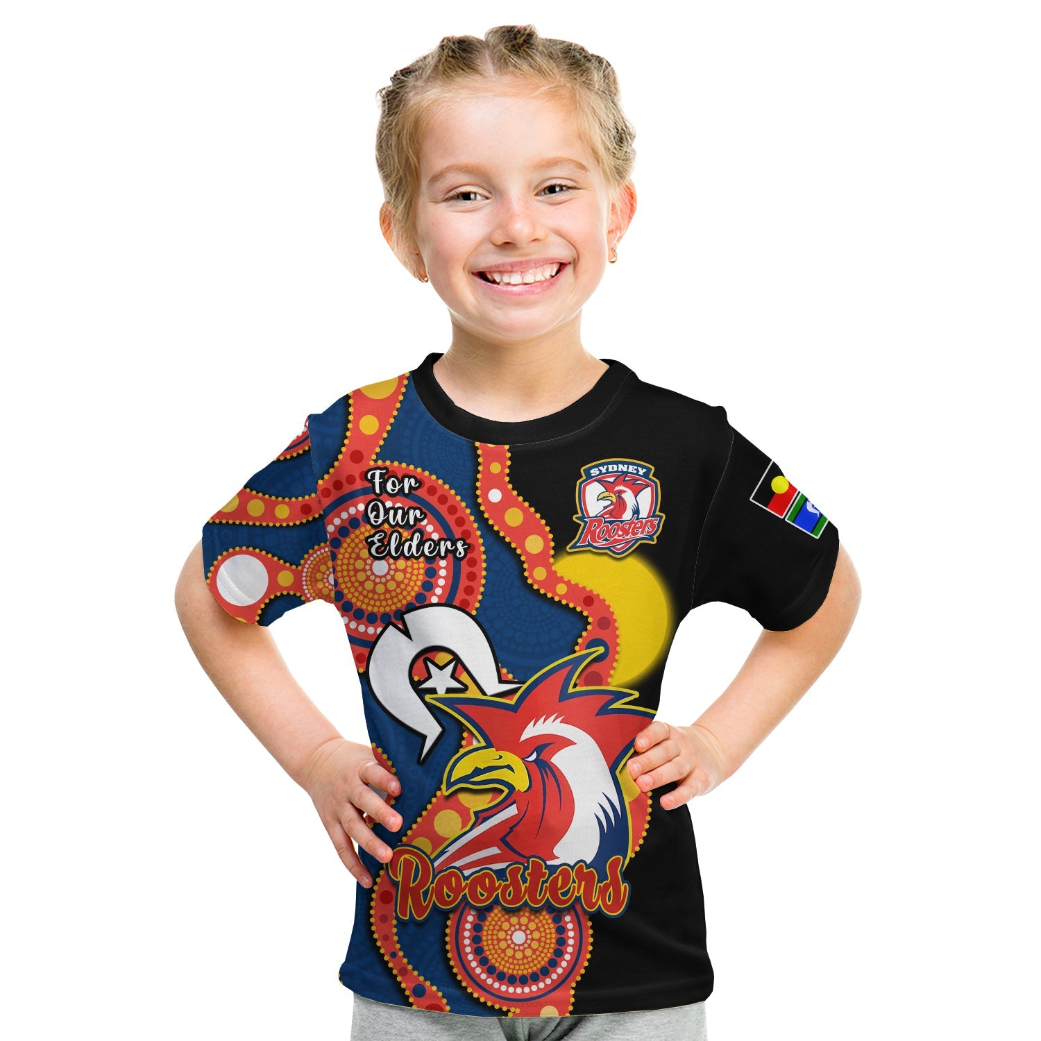 (Custom Text And Number) Roosters Rugby NAIDOC 2023 T Shirt KID Tricolours For Our Elders Indigenous Art - Vibe Hoodie Shop