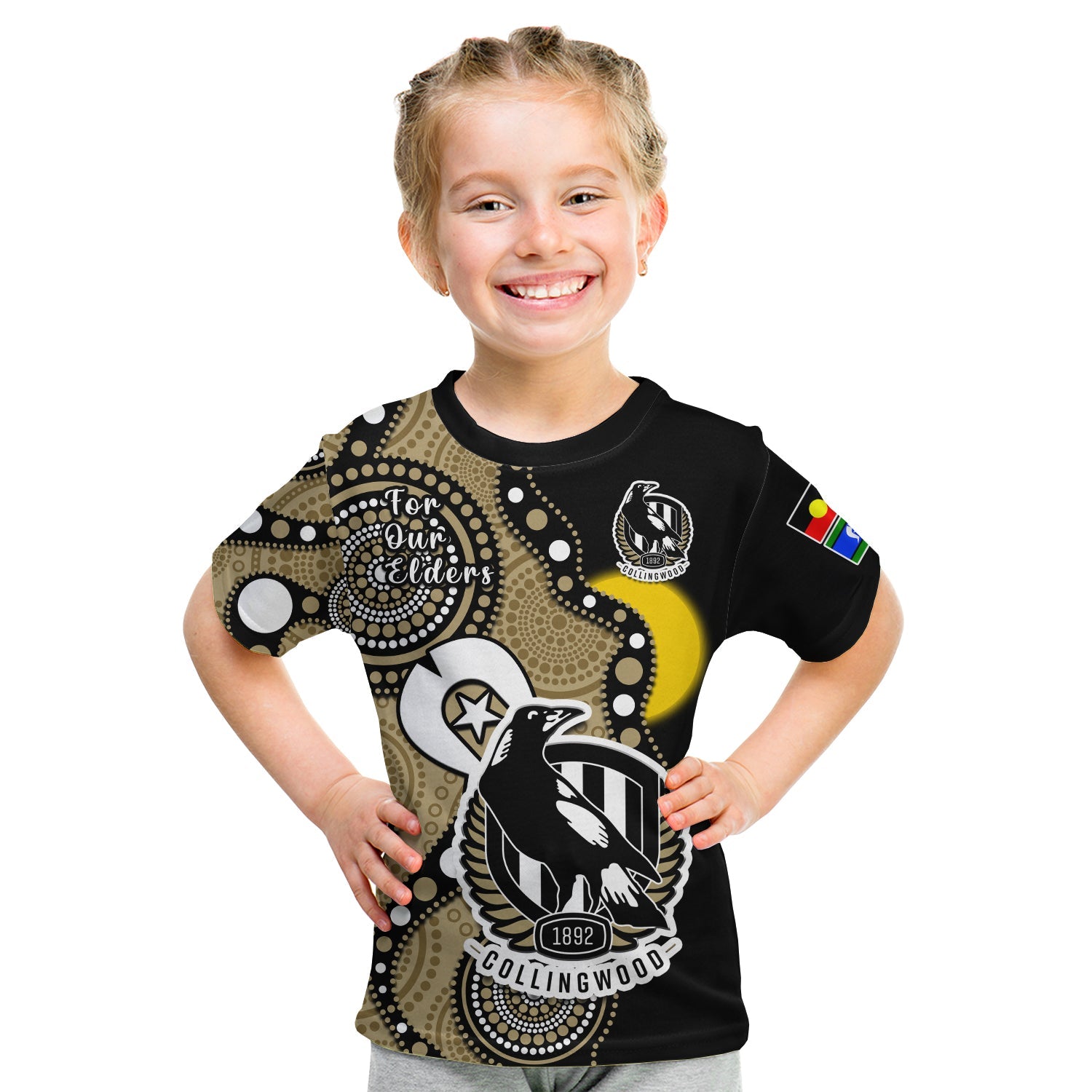 Collingwood Football NAIDOC 2023 T Shirt KID Magpies For Our Elders Indigenous Art - Vibe Hoodie Shop