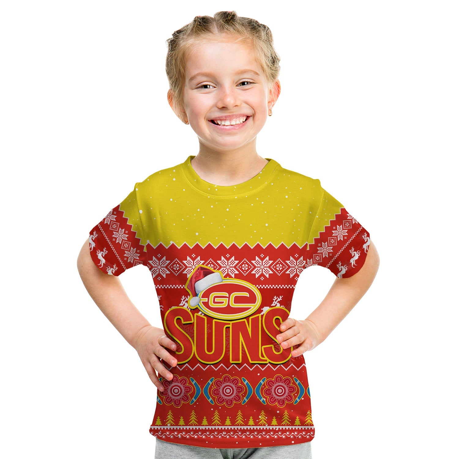 (Custom Personalised) Gold Coast Football T Shirt KID Suns Aboriginal Merry Christmas - Vibe Hoodie Shop