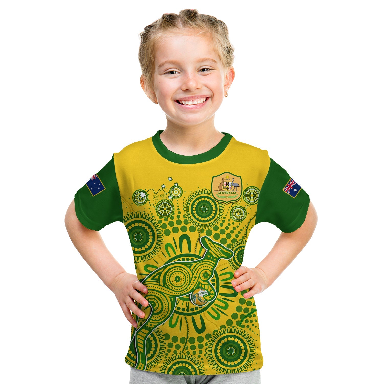 (Custom Text And Number) Australia Soccer T Shirt KID Socceroos Kangaroo Aussie Indigenous National Color - Vibe Hoodie Shop