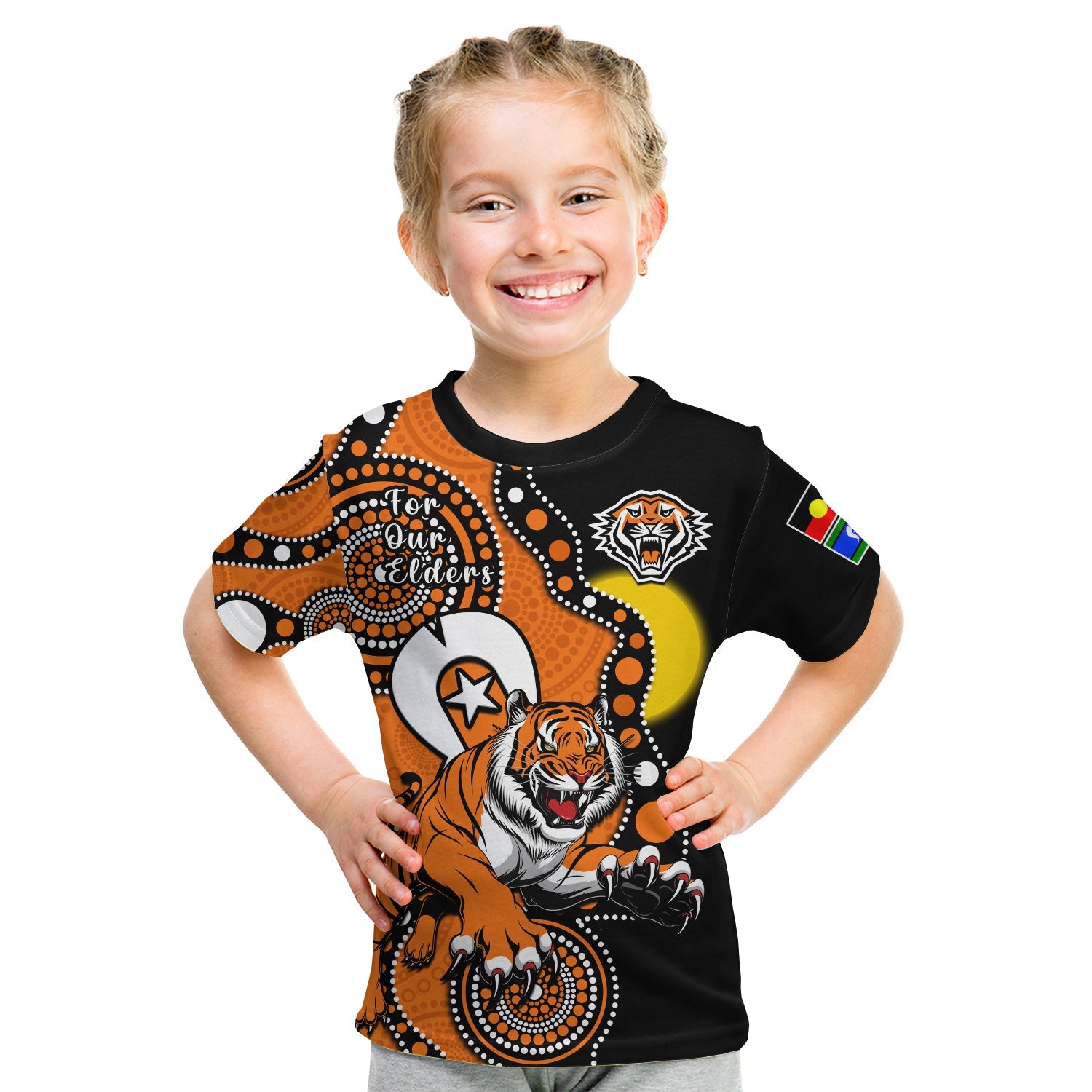 (Custom Text And Number) Wests Tigers Rugby NAIDOC 2023 T Shirt KID For Our Elders Indigenous Art - Vibe Hoodie Shop