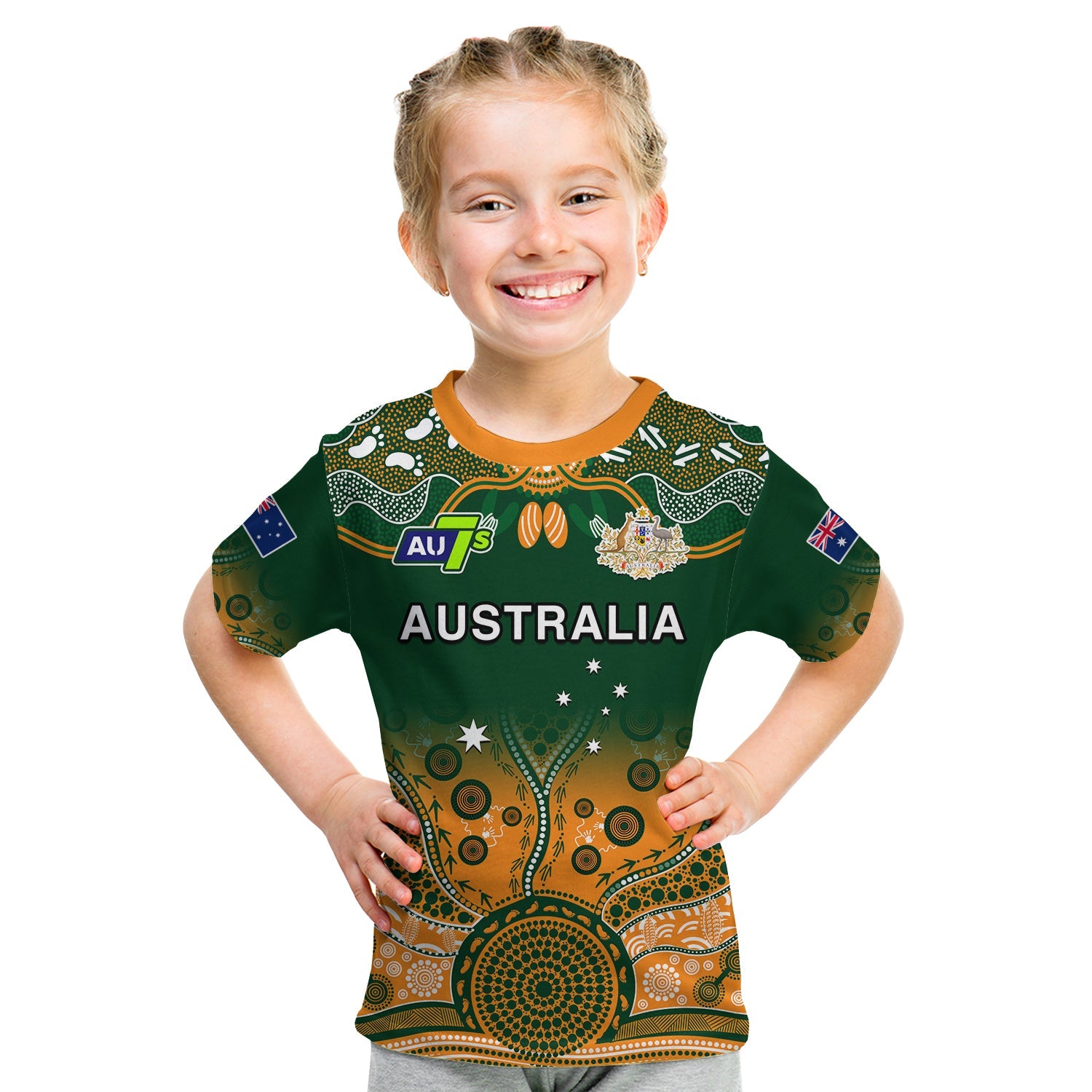 (Custom Text And Number) Australia Rugby T Shirt KID Aussie Sevens Green Indigenous - Vibe Hoodie Shop