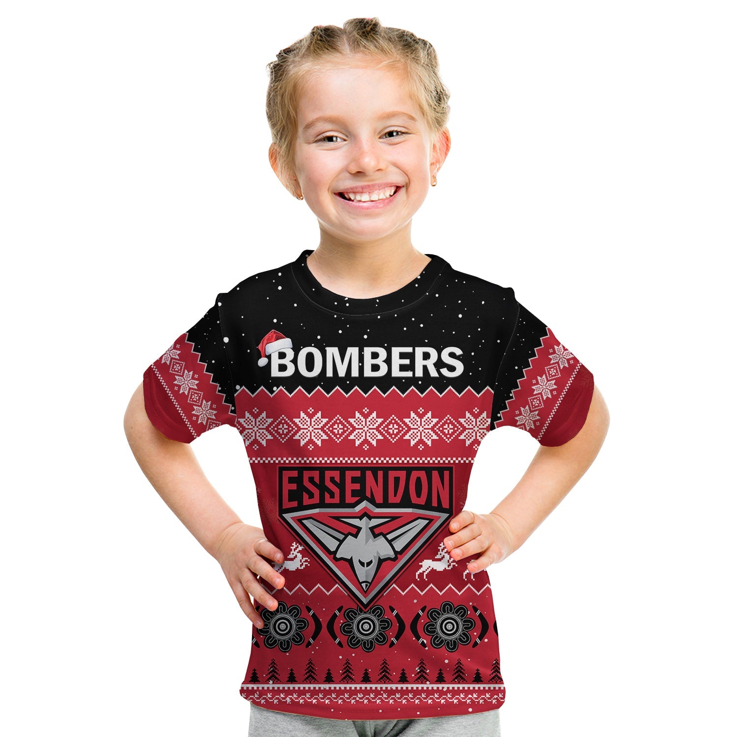 (Custom Personalised) Essendon Football T Shirt KID Bombers Indigenous Merry Christmas - Vibe Hoodie Shop