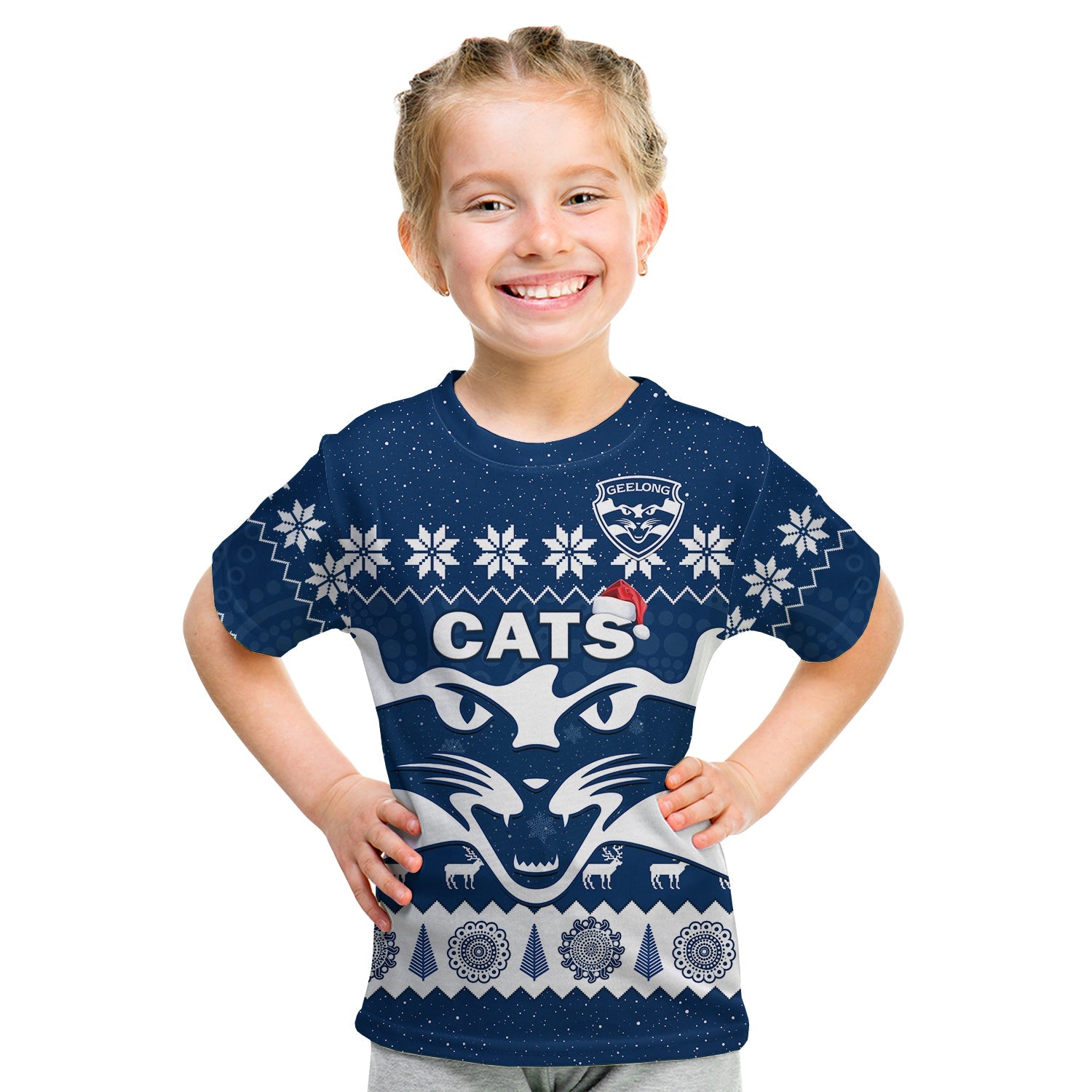 (Custom Personalised) Cats Football Christmas T Shirt KID Geelong Aboriginal Painting - Vibe Hoodie Shop