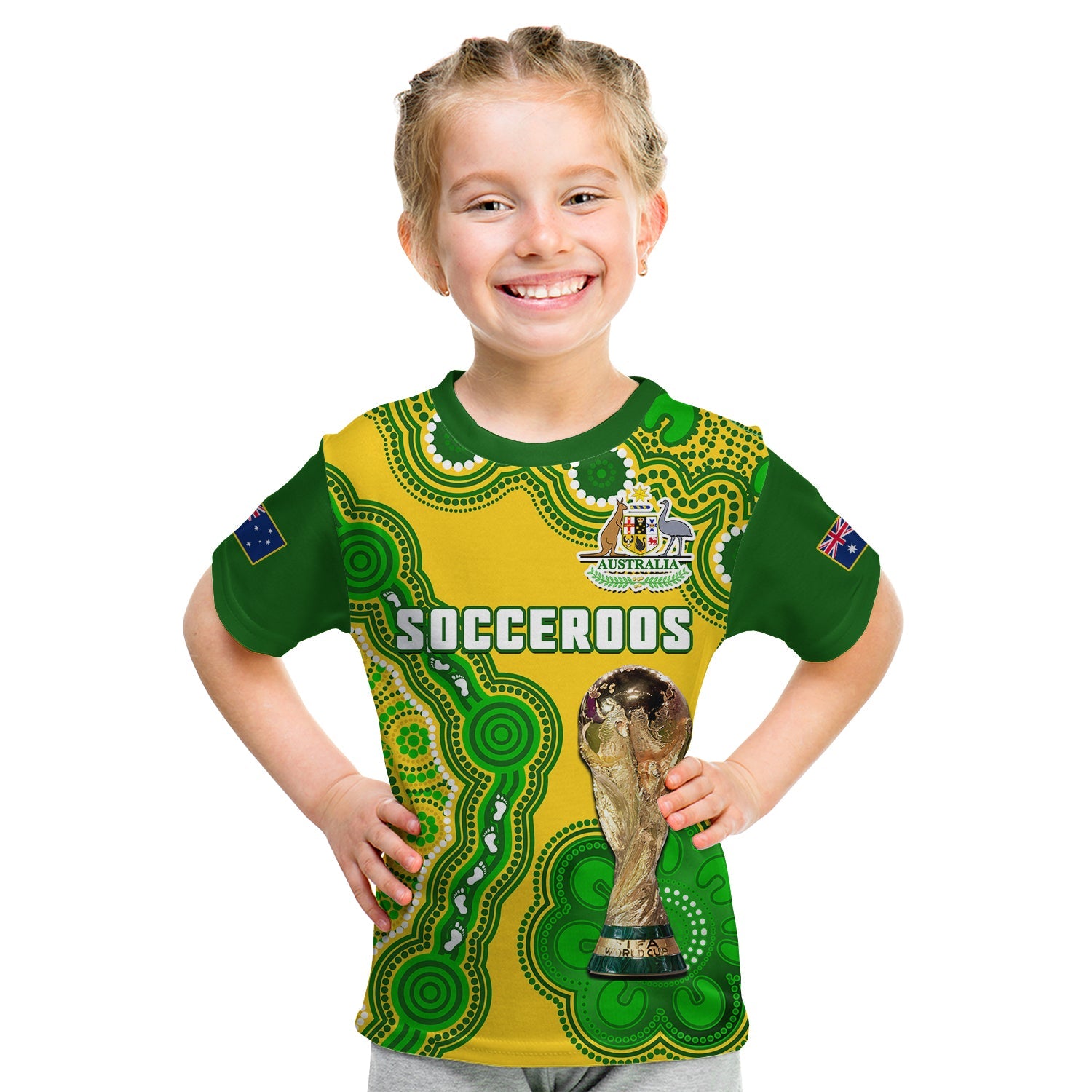 (Custom Text And Number) Australia Soccer T Shirt KID Socceroos Aboriginal WC 2022 - Vibe Hoodie Shop