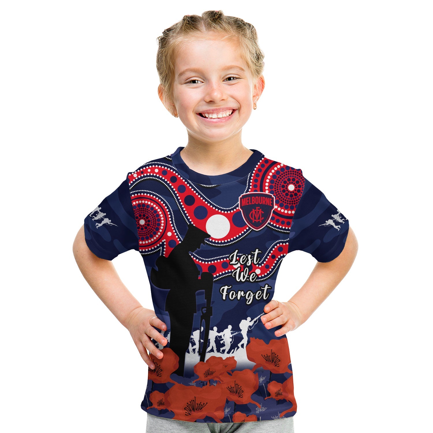 (Custom Text And Number) Melbourne Football ANZAC 2023 T Shirt KID Demons Aboriginal Mix Poppy Camouflage - Vibe Hoodie Shop