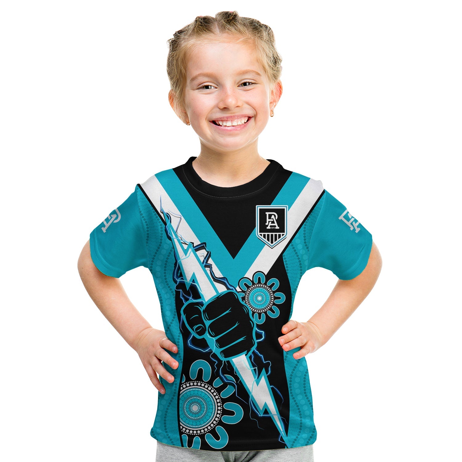 (Custom Text And Number) Port Adelaide Football T Shirt KID Power Thunder Hand Mix Aboriginal Dynamic - Vibe Hoodie Shop