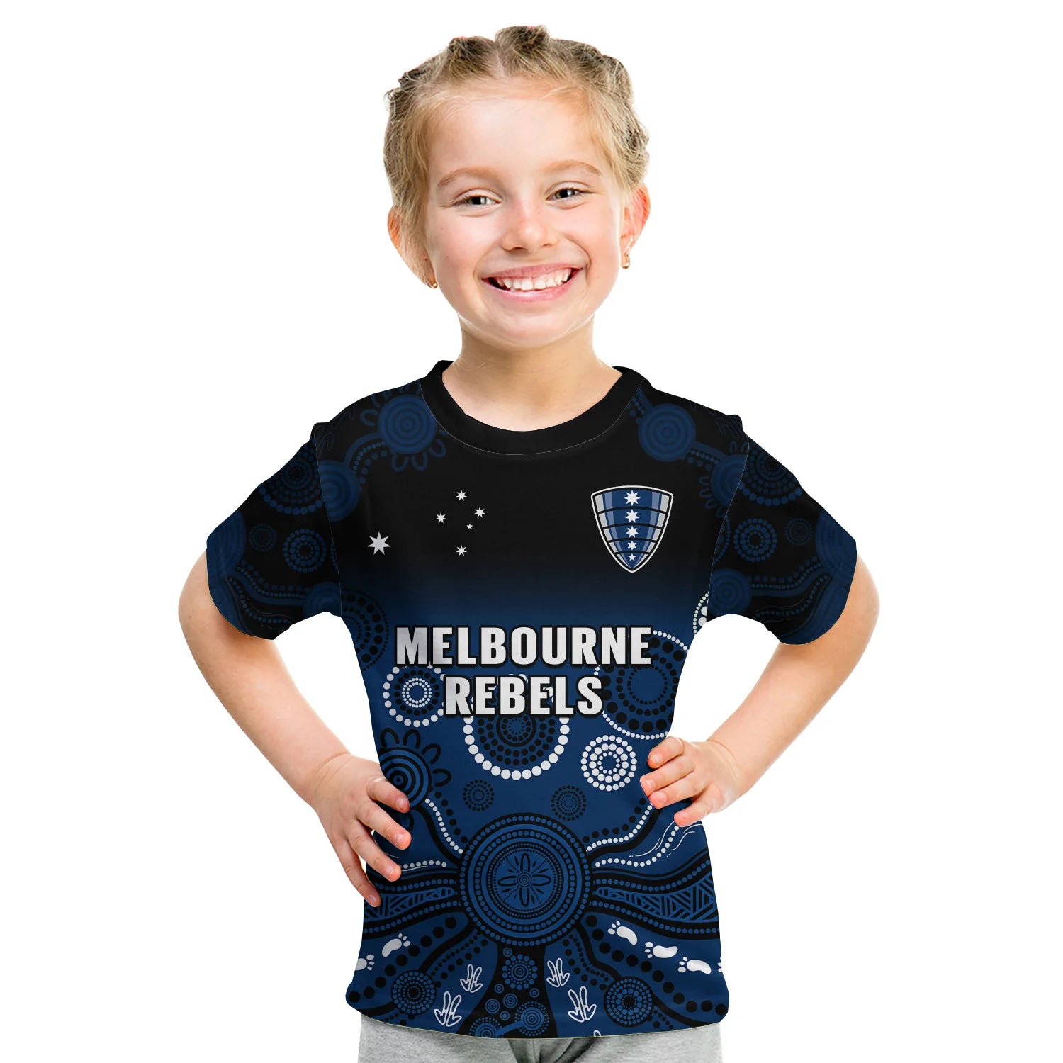 (Custom Text And Number) Melbourne Rebels Rugby T Shirt KID Gradient Aboriginal - Vibe Hoodie Shop