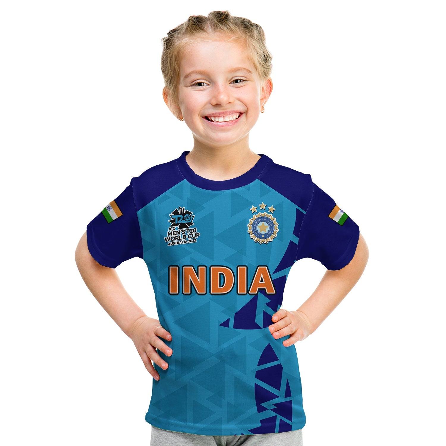 (Custom Text And Number) India Cricket T Shirt KID Men in Blue 2022 Mens T20 World Cup - Vibe Hoodie Shop