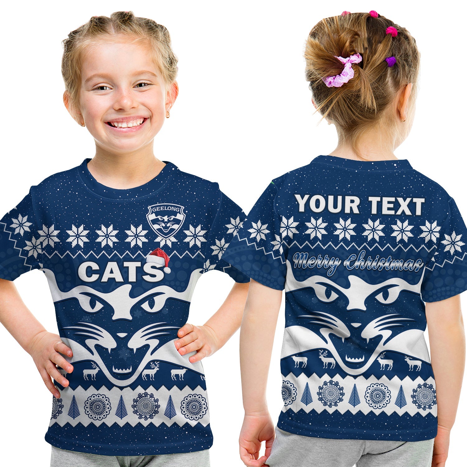 (Custom Personalised) Cats Football Christmas T Shirt KID Geelong Aboriginal Painting - Vibe Hoodie Shop