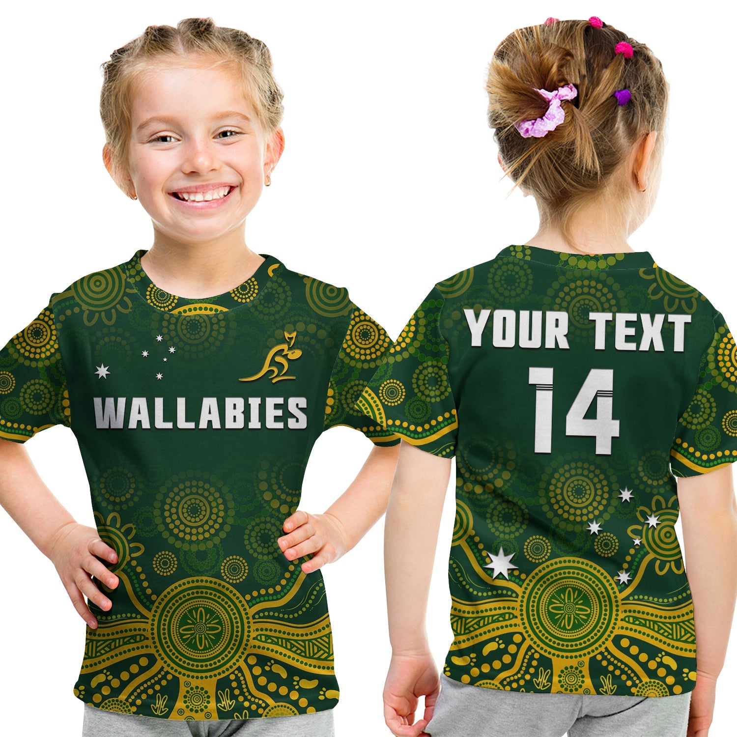 (Custom Text And Number) Australia 2022 Rugby T Shirt KID Wallabies Aboriginal Style - Vibe Hoodie Shop