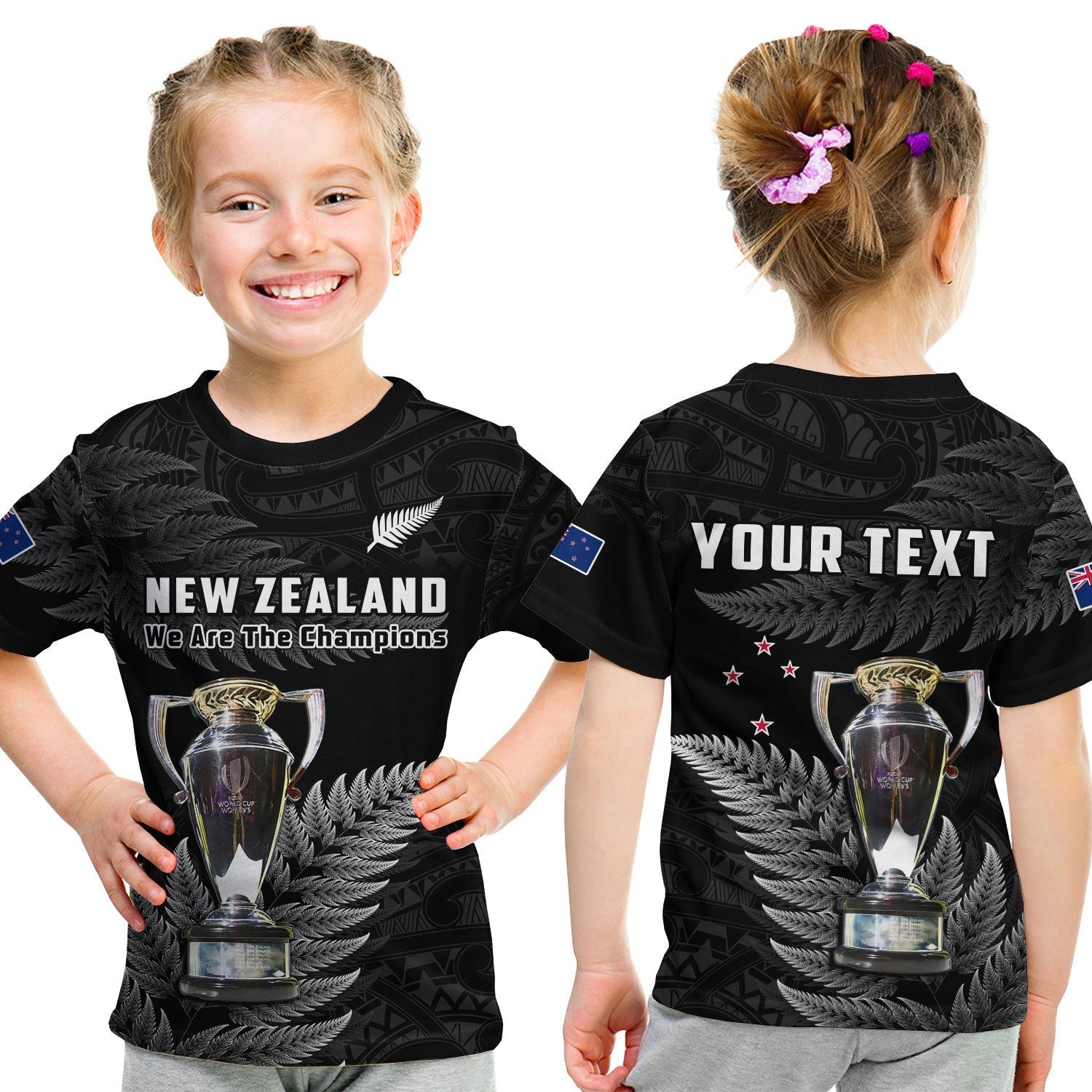 (Custom Personalised) New Zealand 2022 Rugby T Shirt KID Black Fern Proud Champions RWC - Vibe Hoodie Shop