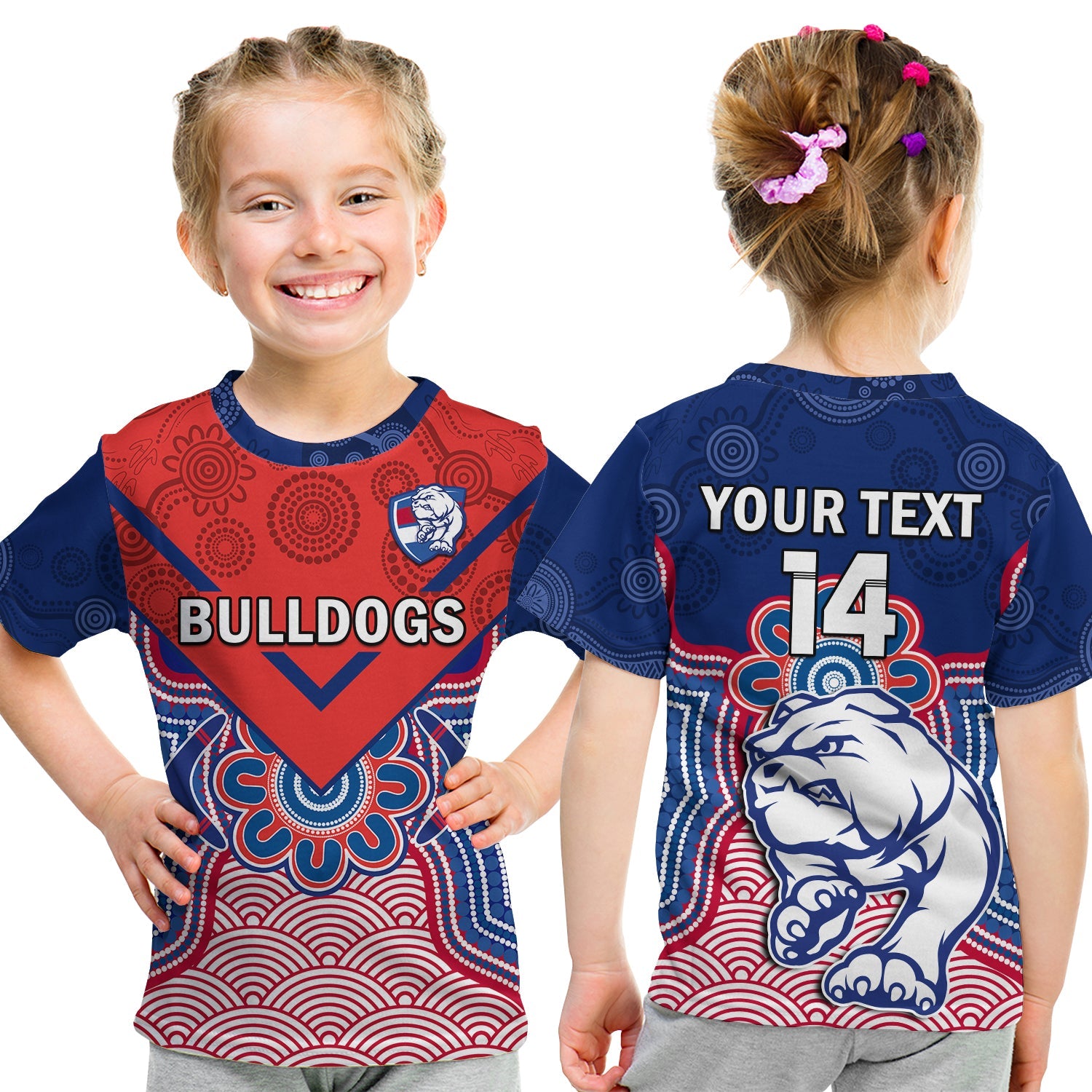 (Custom Text And Number) Bulldogs Football T Shirt KID Western Doggies Aboriginal Art - Vibe Hoodie Shop