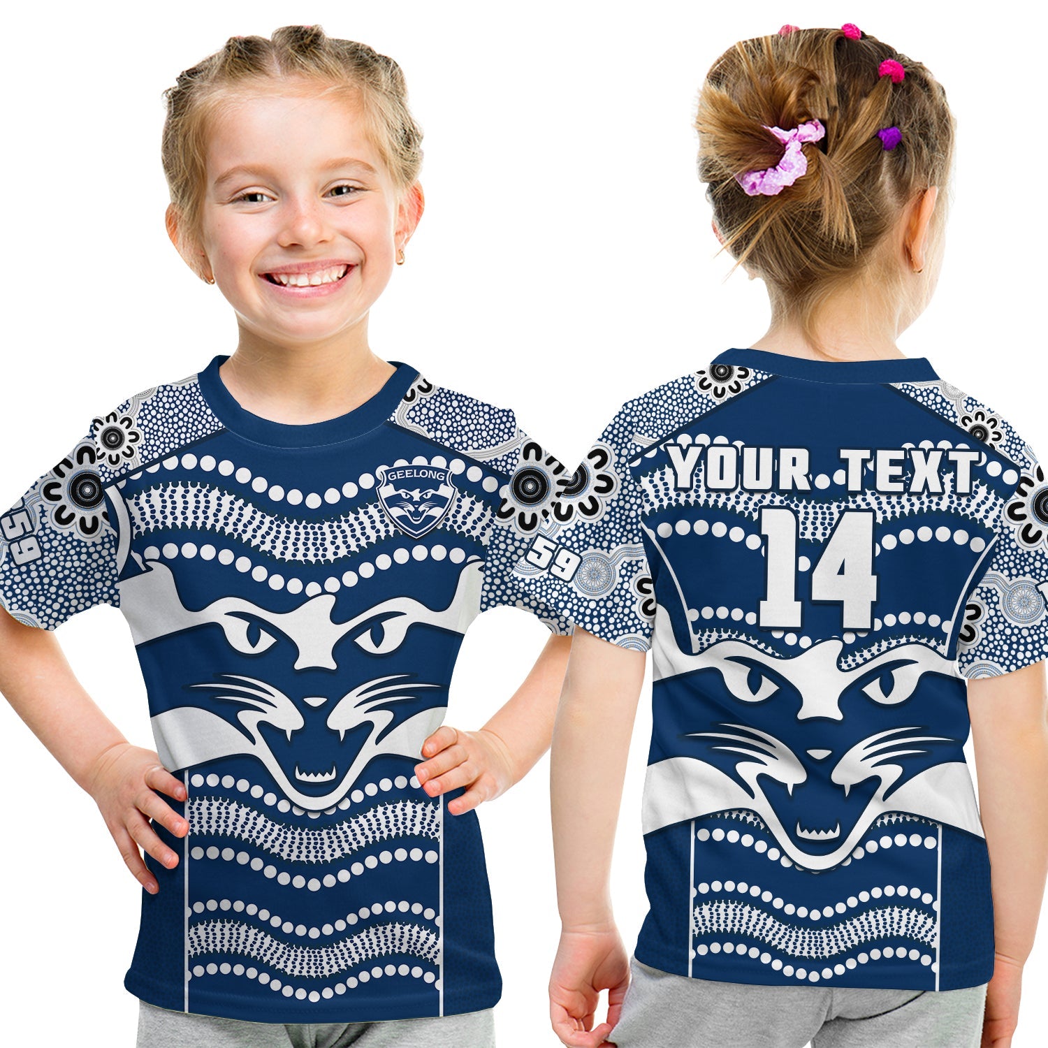 (Custom Text And Number) Cats Football T Shirt KID Geelong 1859 Indigenous Sporty Version - Vibe Hoodie Shop