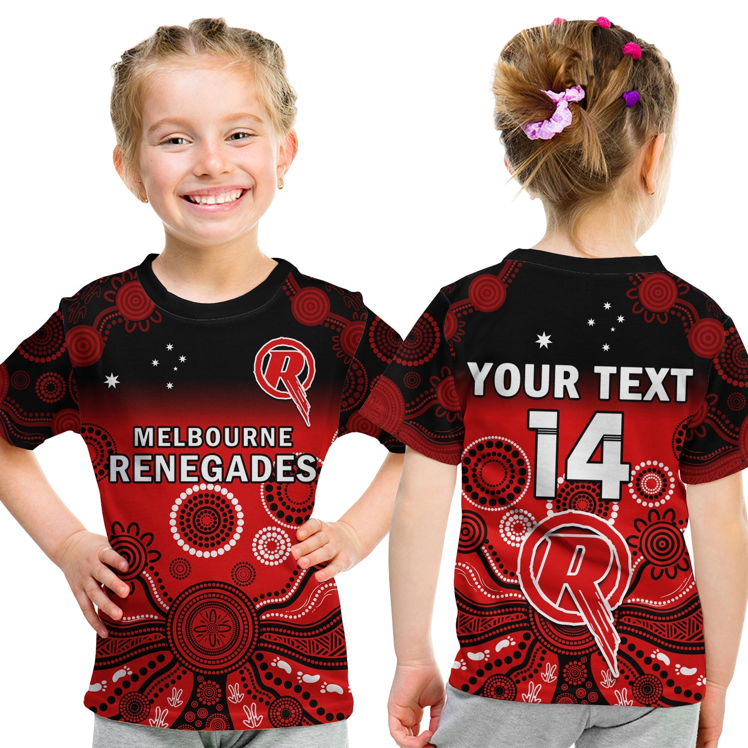 (Custom Text And Number) Renegades Cricket T Shirt KID Melbourne Gradient Aboriginal Art - Vibe Hoodie Shop